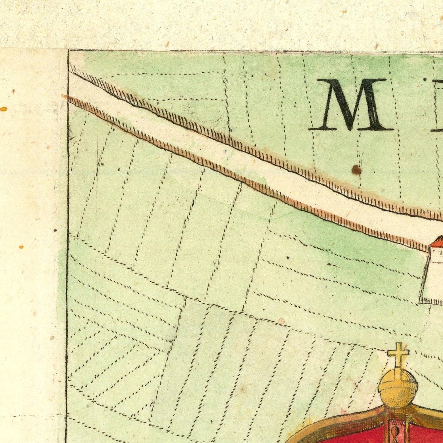 Map detail with a straight line and letter 'M' on a grid background