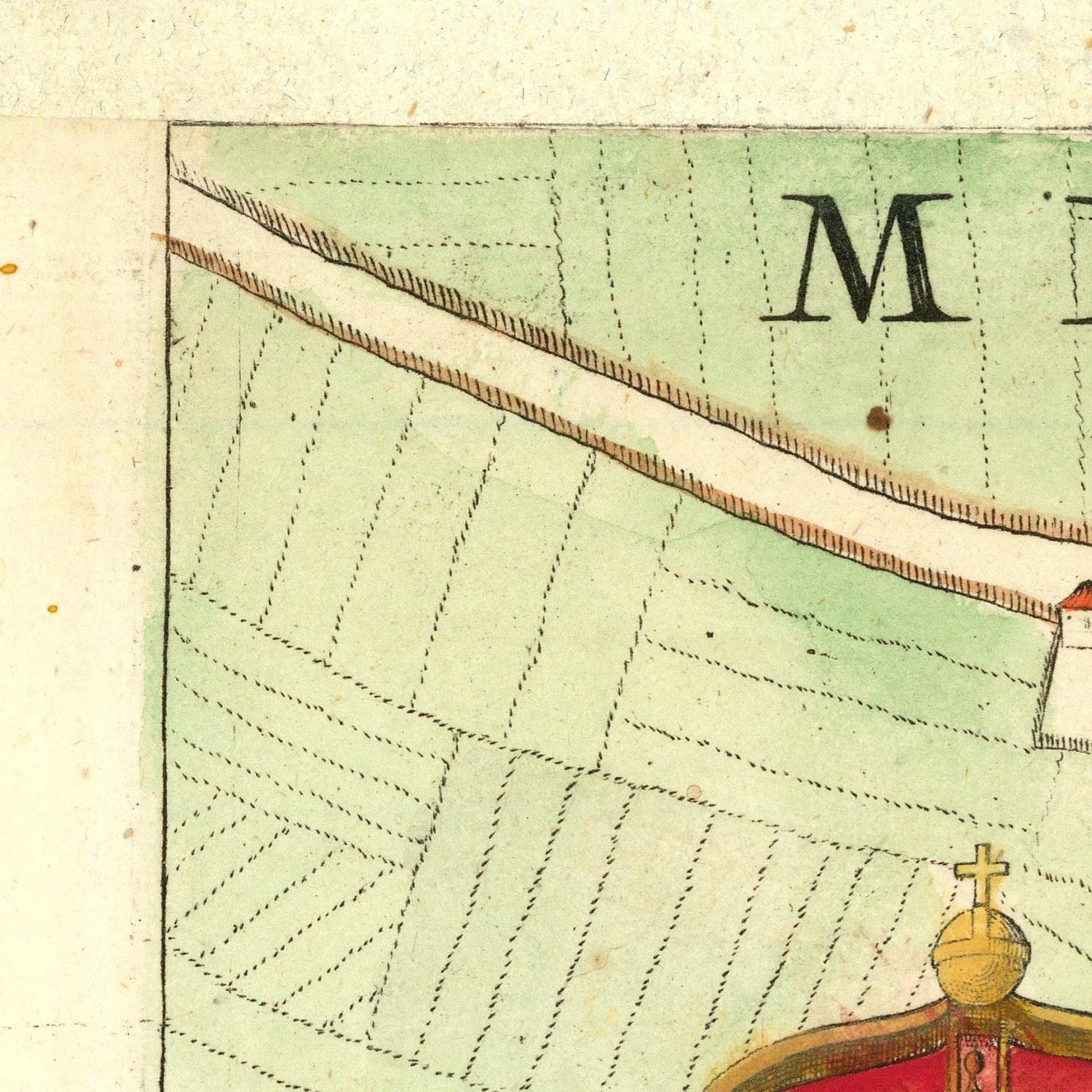 Map detail with a straight line and letter 'M' on a grid background