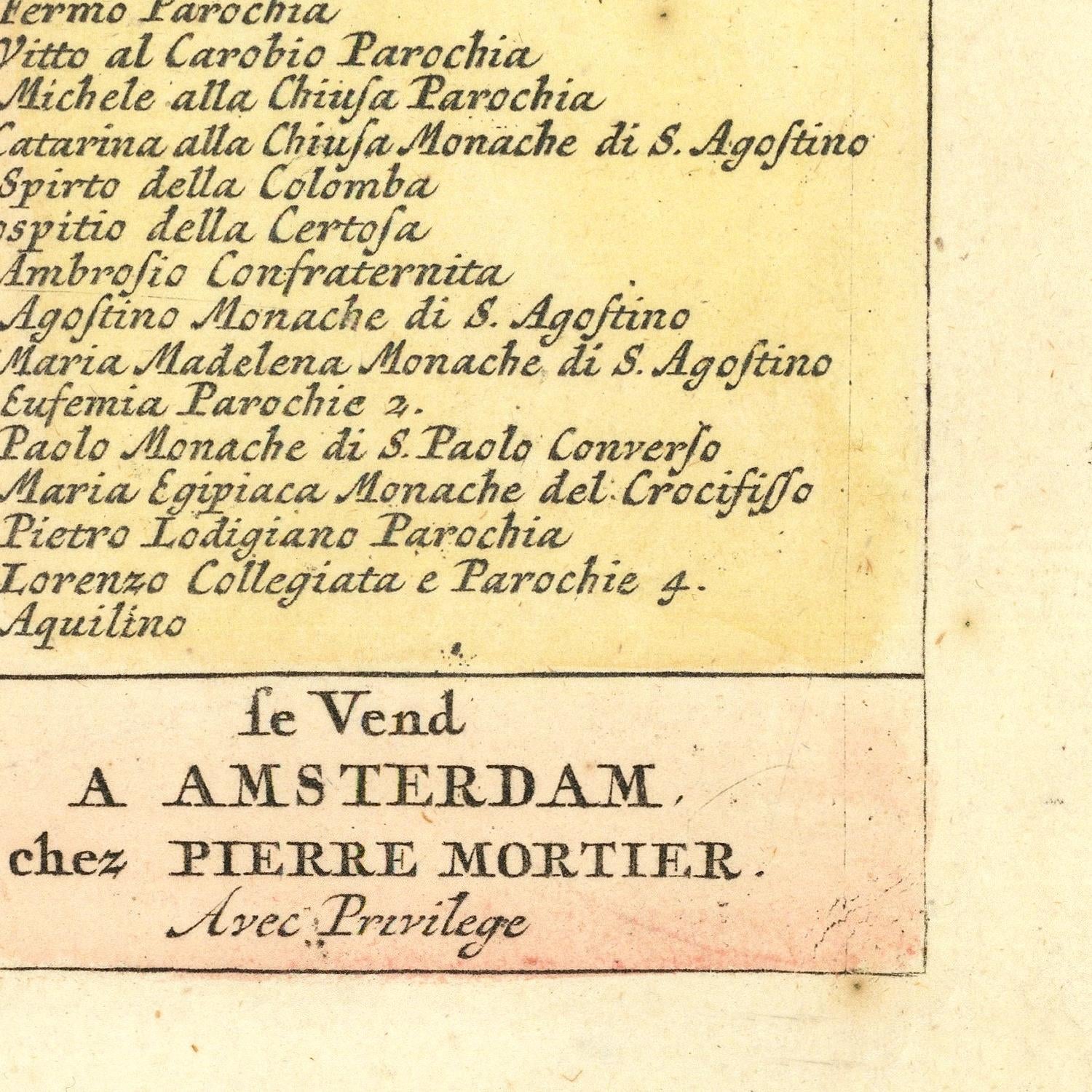 Text on a yellowed paper with names and titles, likely from an old document or book, with 'Amsterdam' and 'Pierre Mortier' mentioned.