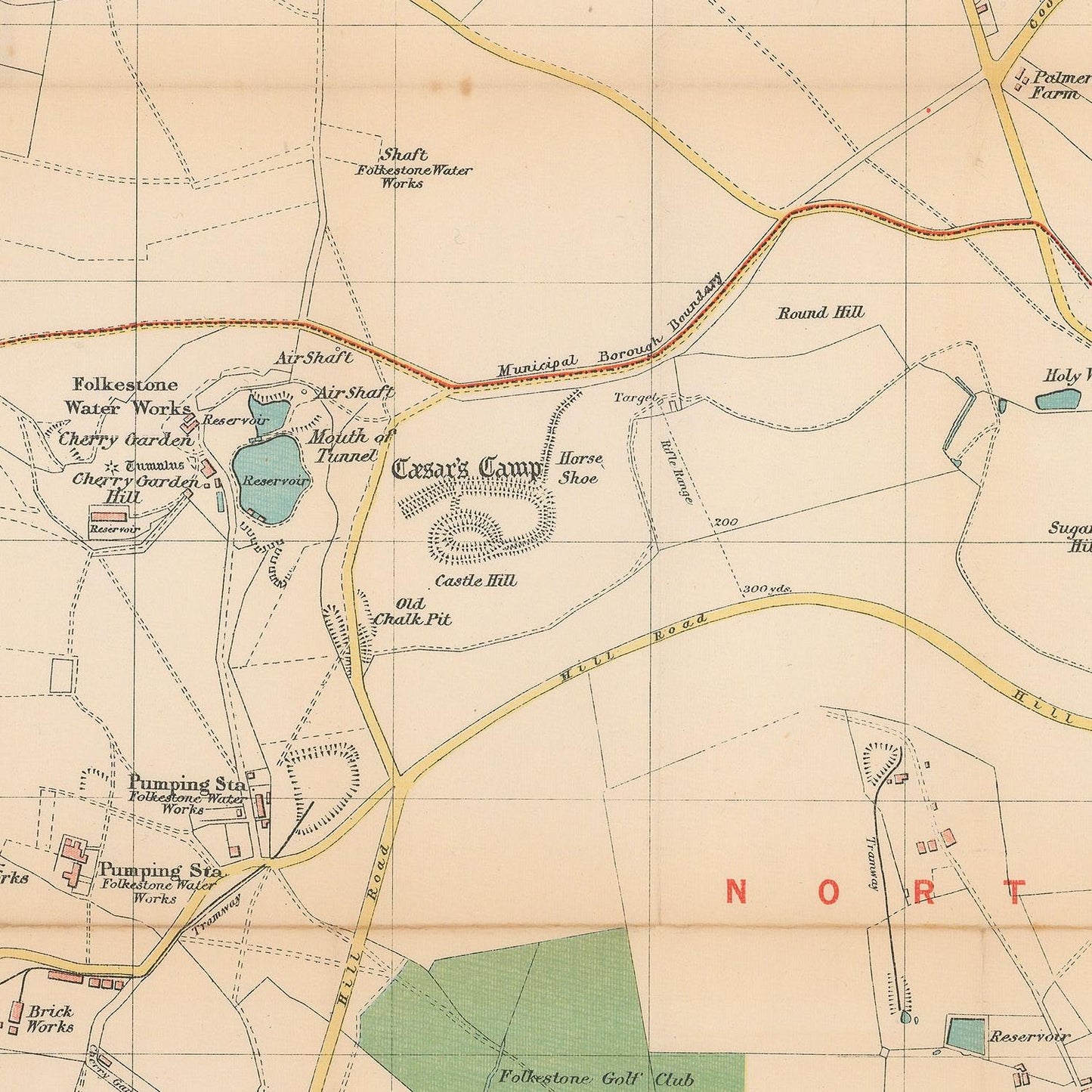 Vintage map of Folkestone with labeled features and roads.