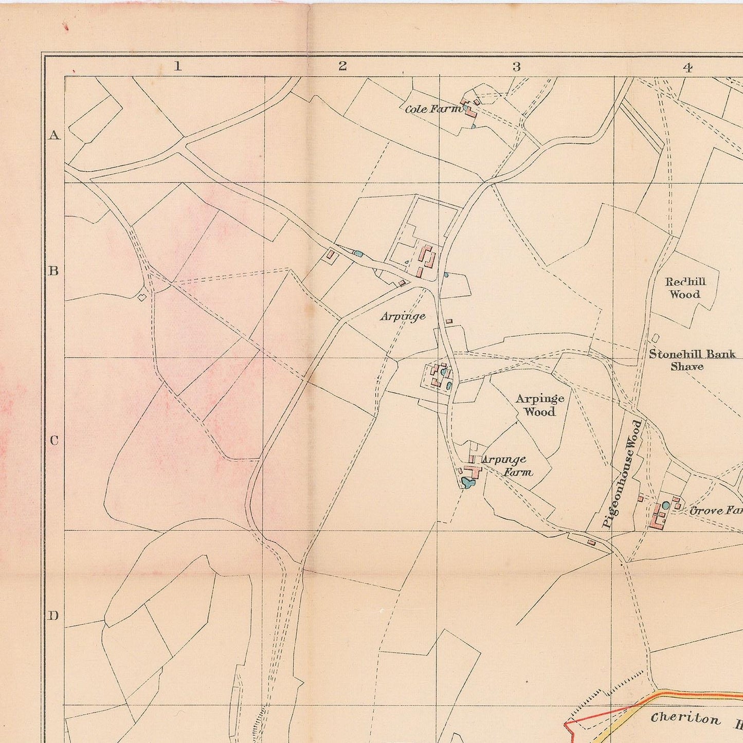 Old map of a rural area with labeled features and grid lines.