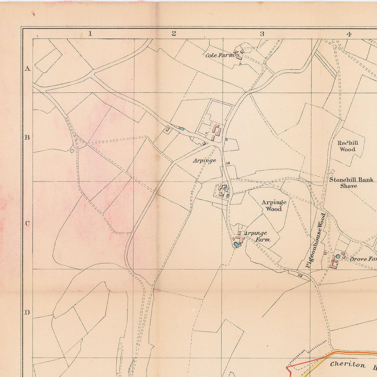 Old map of a rural area with labeled features and grid lines.