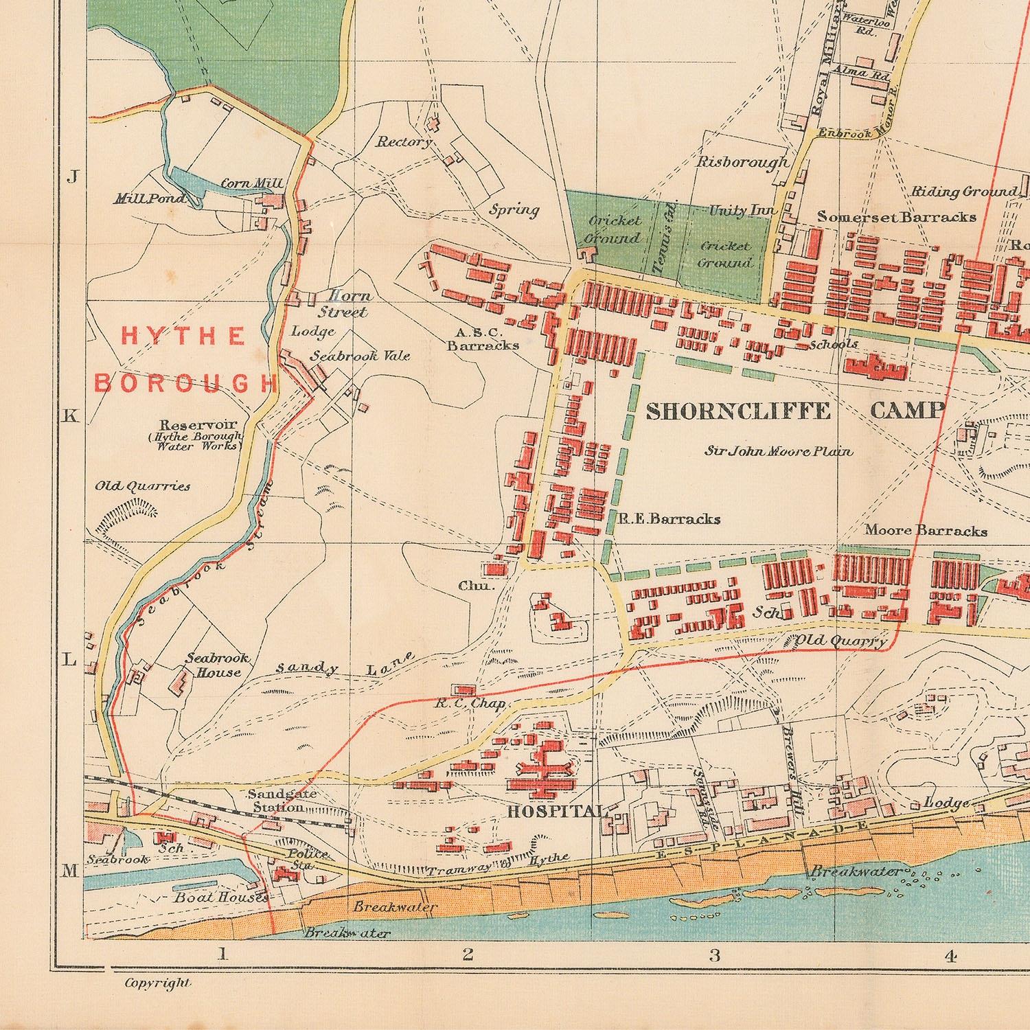 Vintage map of a town with labeled areas and boundaries