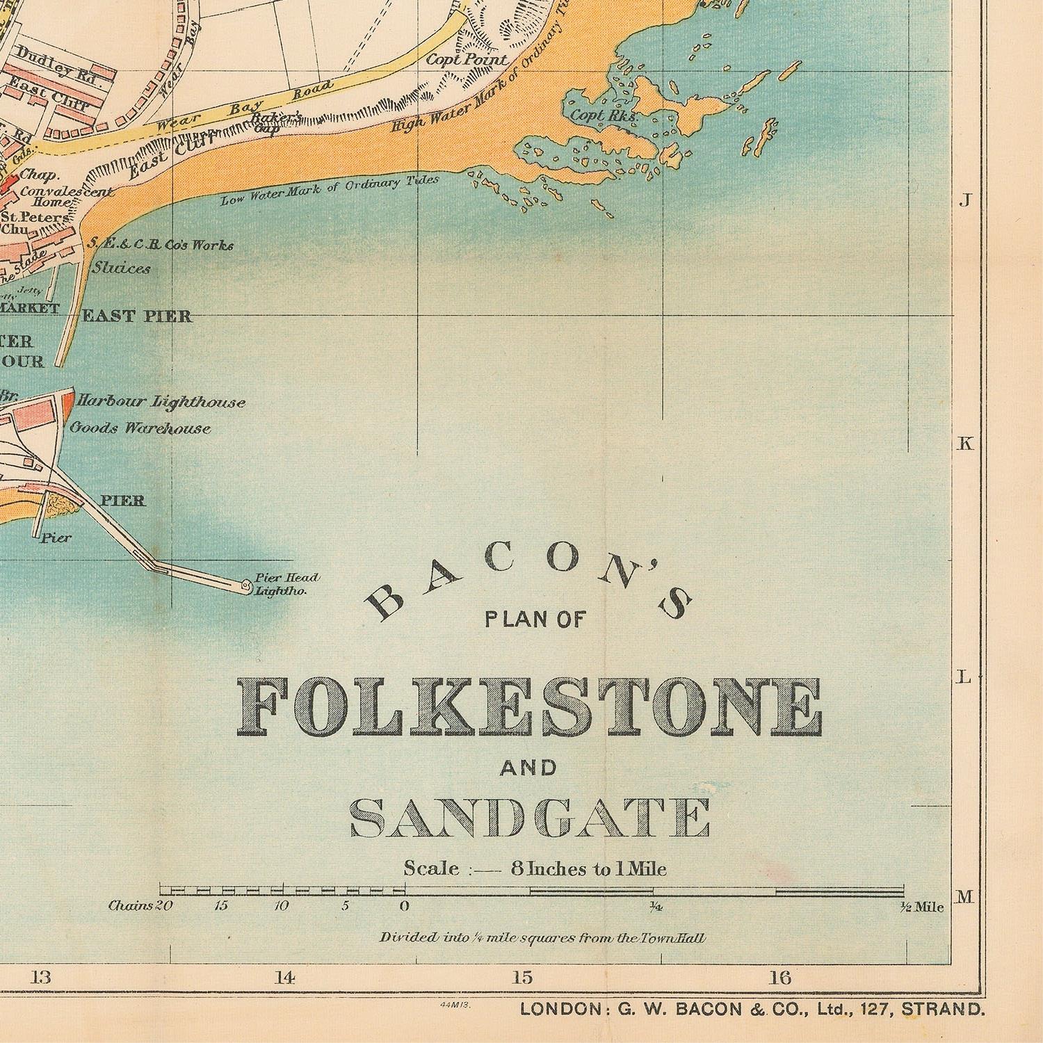 Vintage map of Folkestone and Sandgate with Bacon's branding