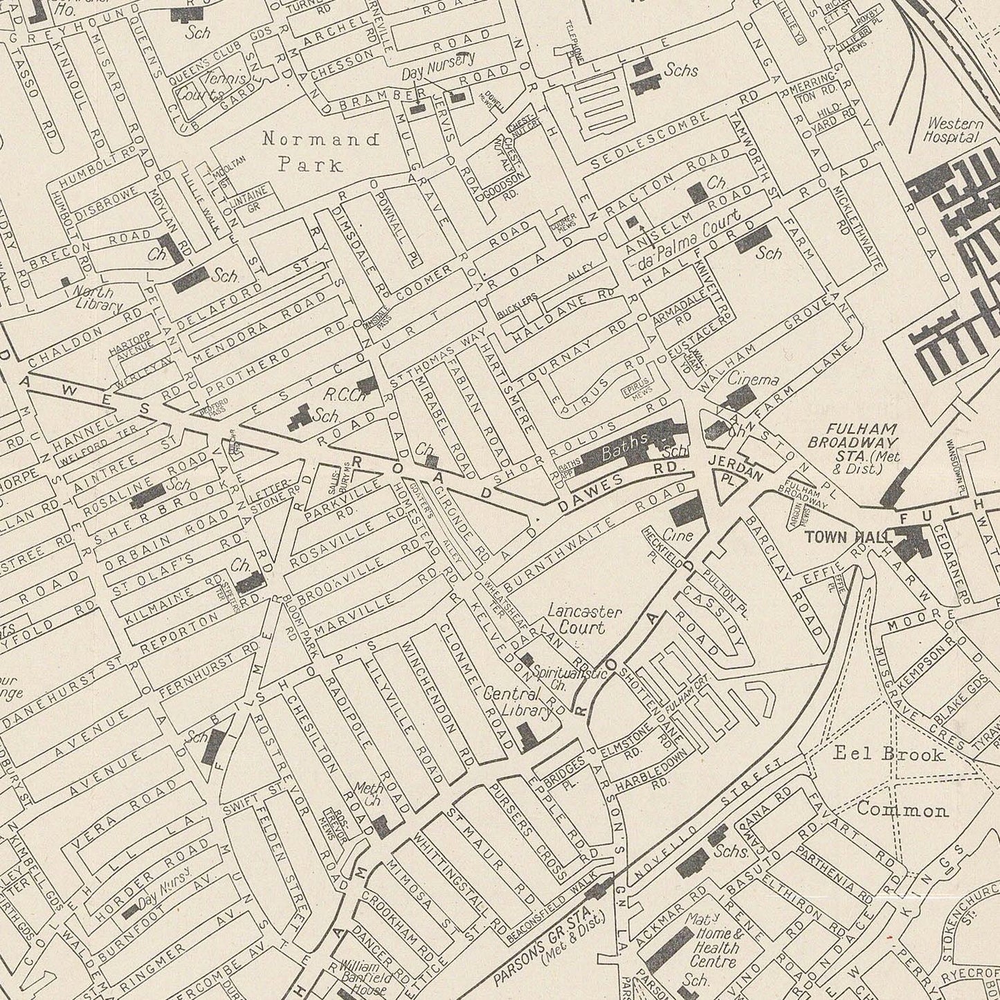 Old map of a town with street names and landmarks