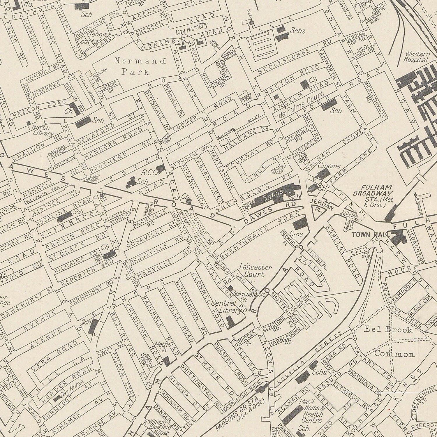 Old map of a town with street names and landmarks
