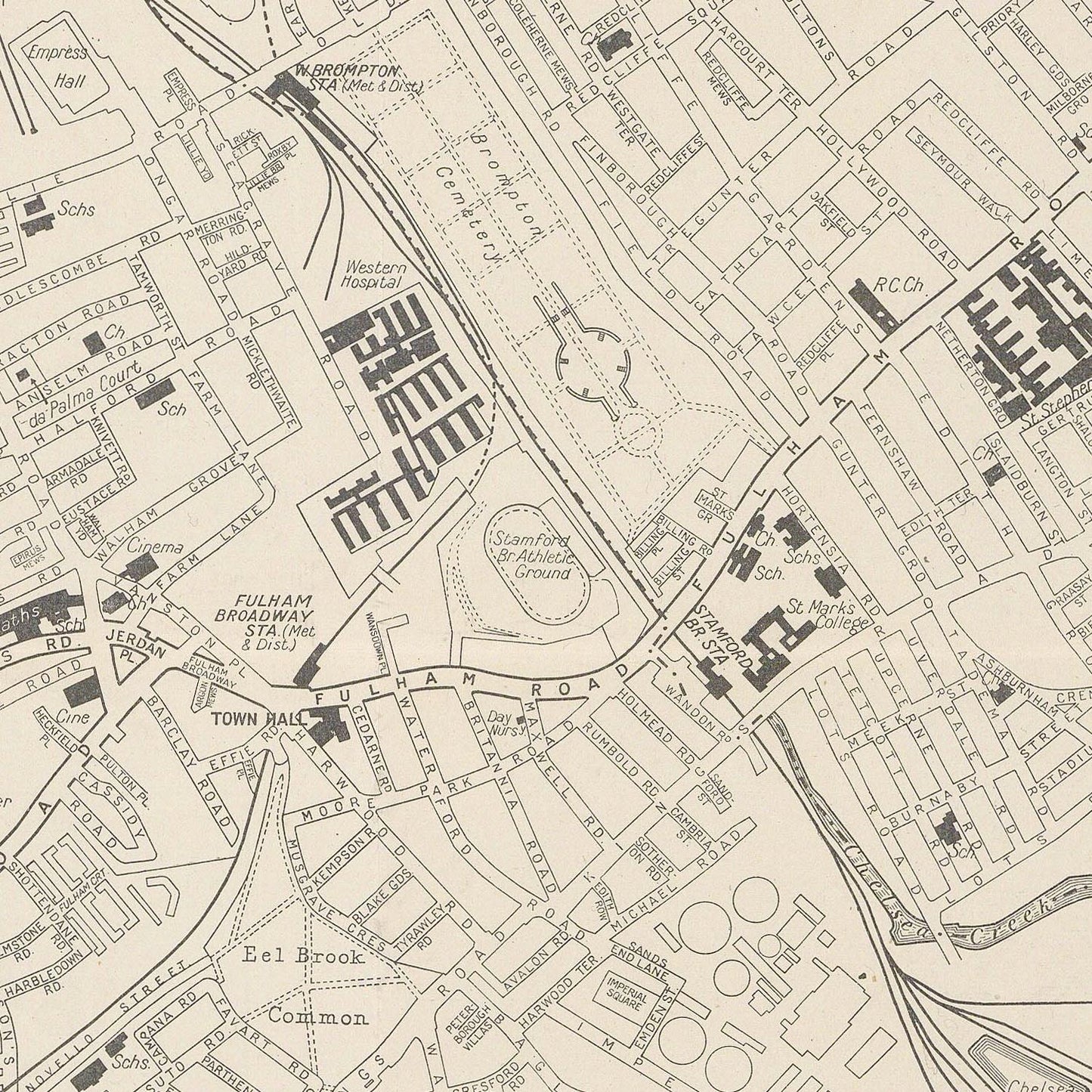 Vintage map of a city layout with streets and landmarks