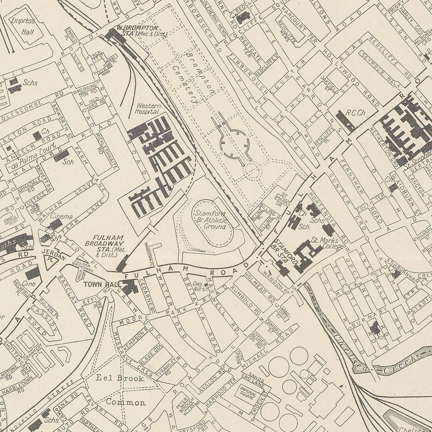 Vintage map of a city layout with streets and landmarks