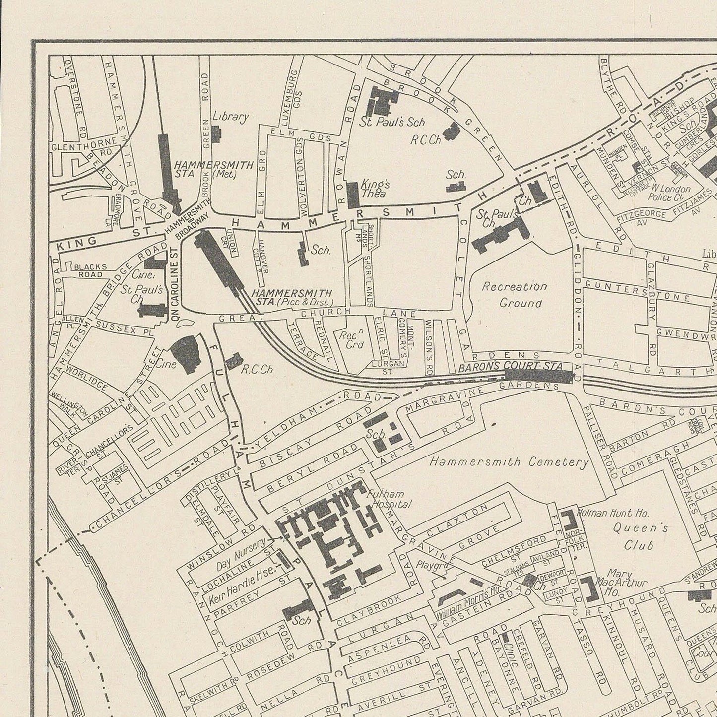 Vintage map of Hammersmith, London with streets and landmarks.
