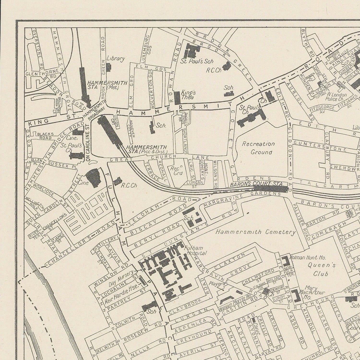 Vintage map of Hammersmith, London with streets and landmarks.
