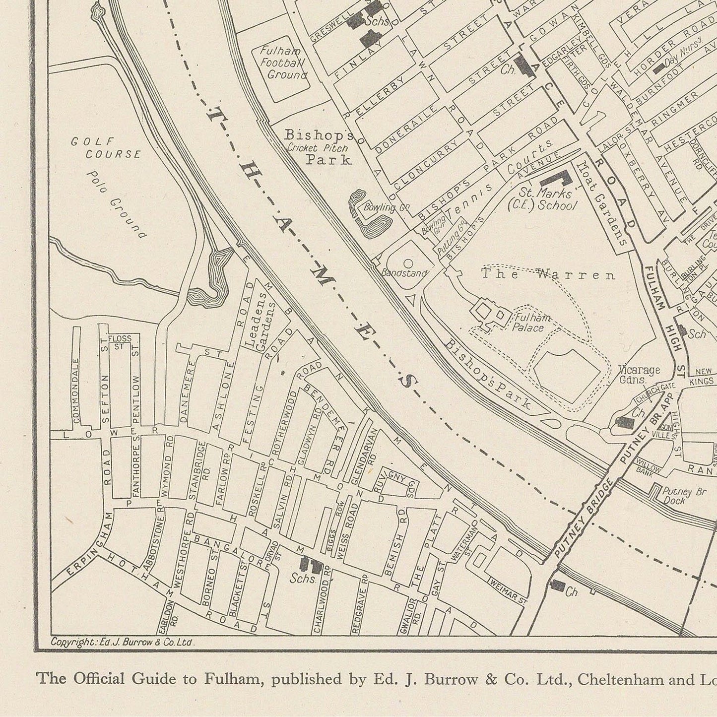 Vintage map of a city layout with streets and landmarks labeled