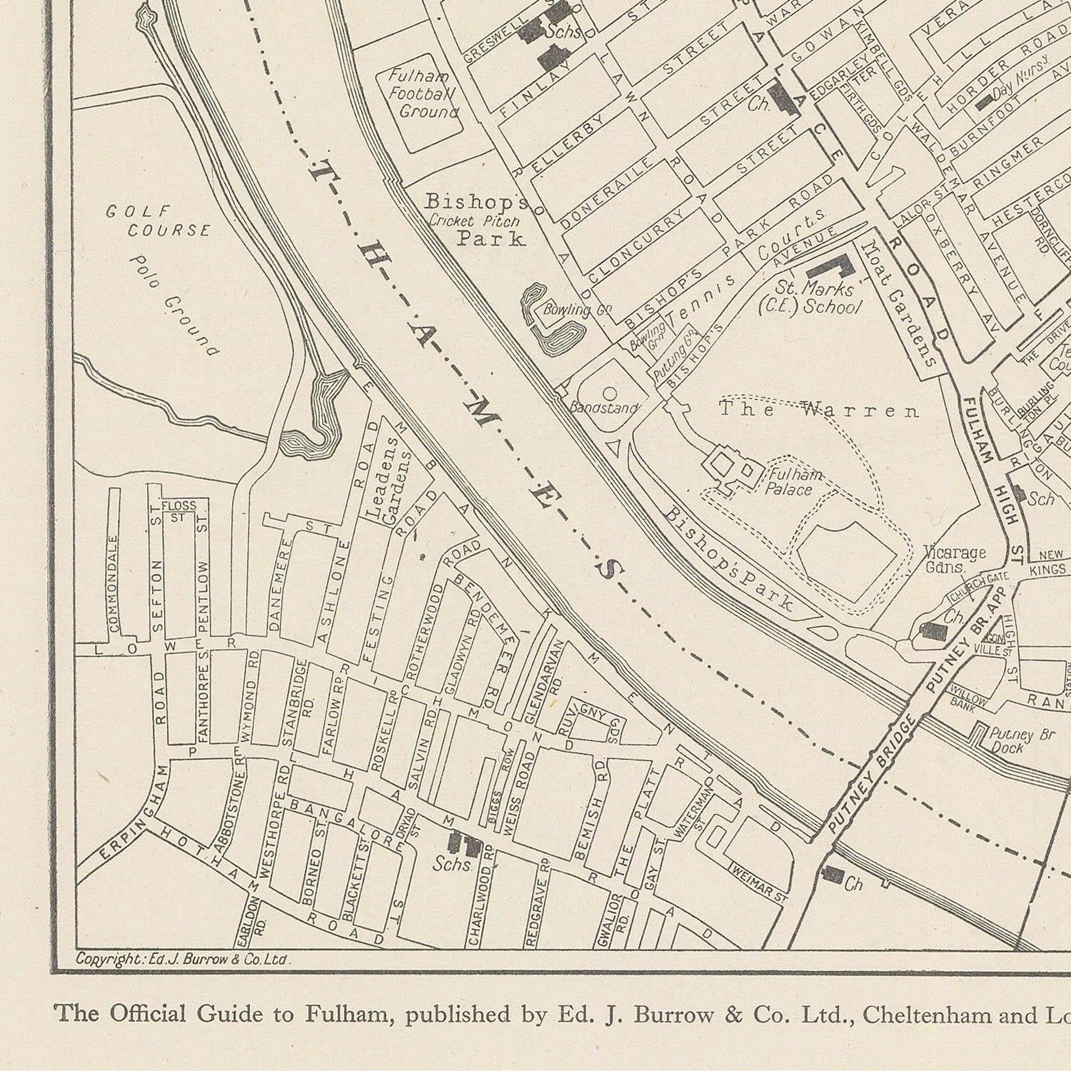 Vintage map of a city layout with streets and landmarks labeled