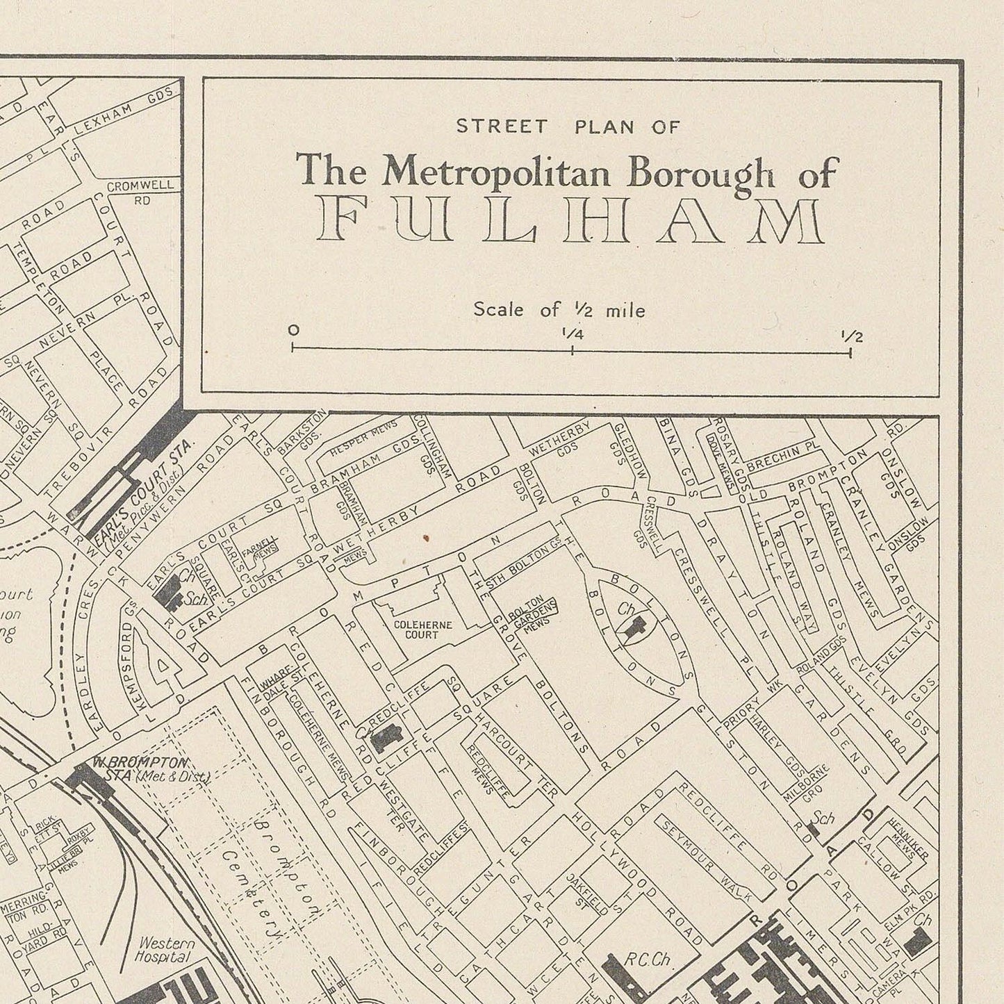 Vintage street plan of the Metropolitan Borough of Fulham with text and scale details.
