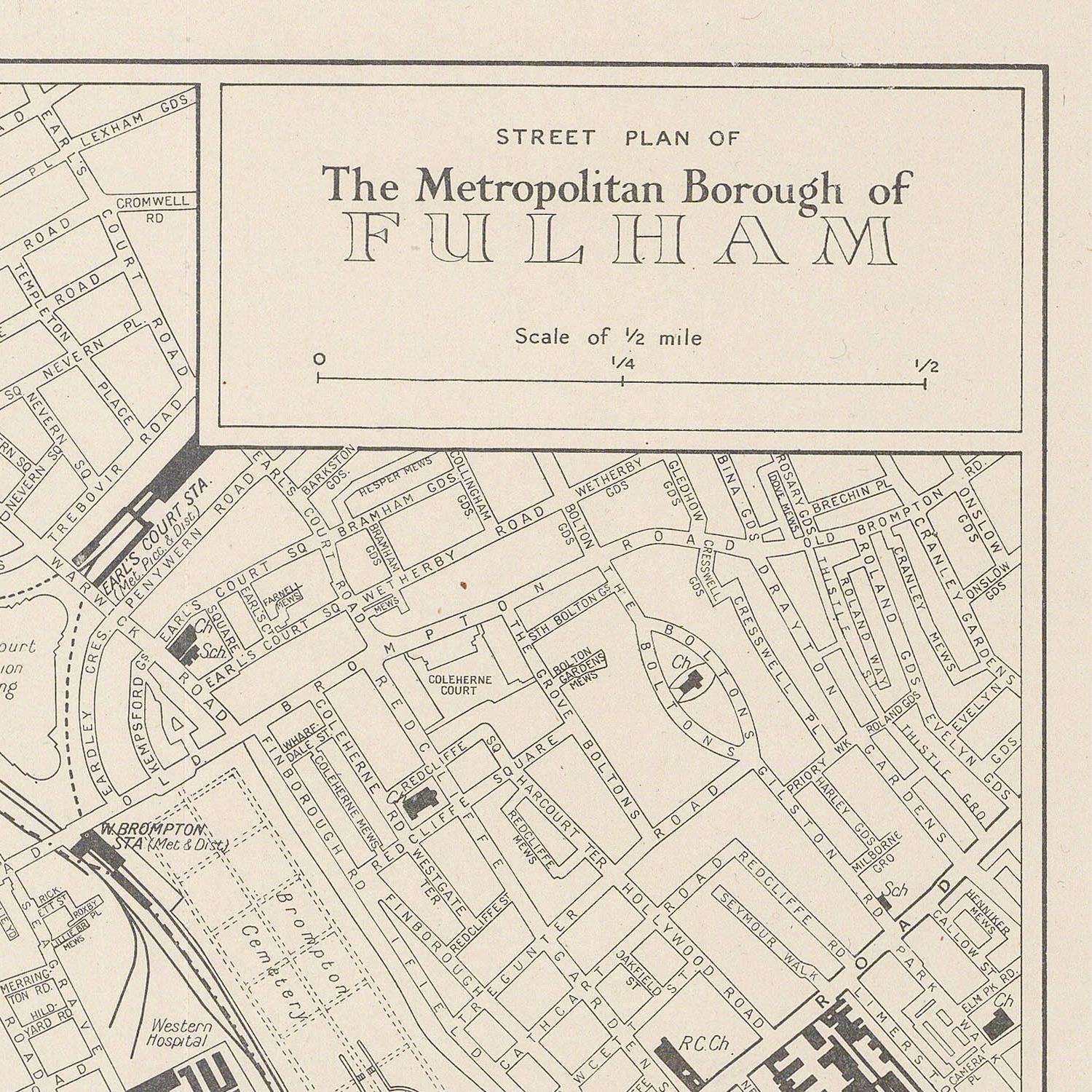 Vintage street plan of the Metropolitan Borough of Fulham with text and scale details.