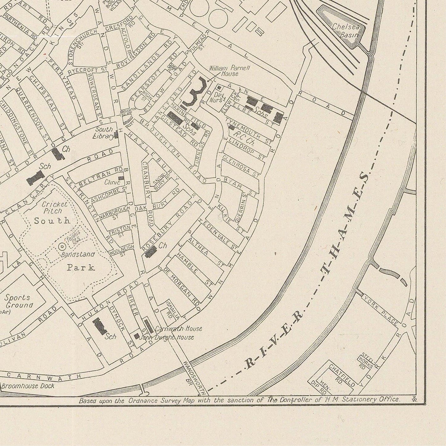 Vintage map of a town layout with streets and landmarks