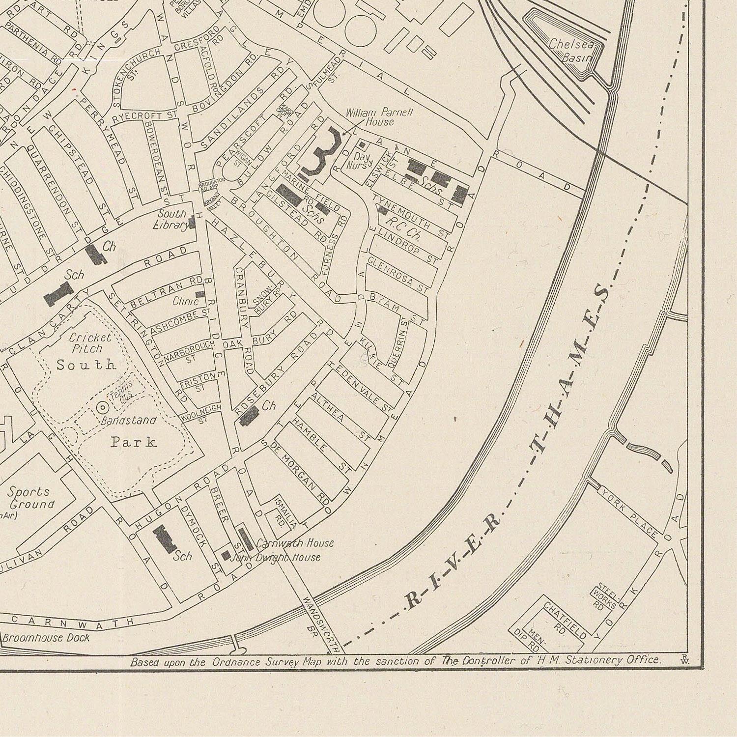 Vintage map of a town layout with streets and landmarks