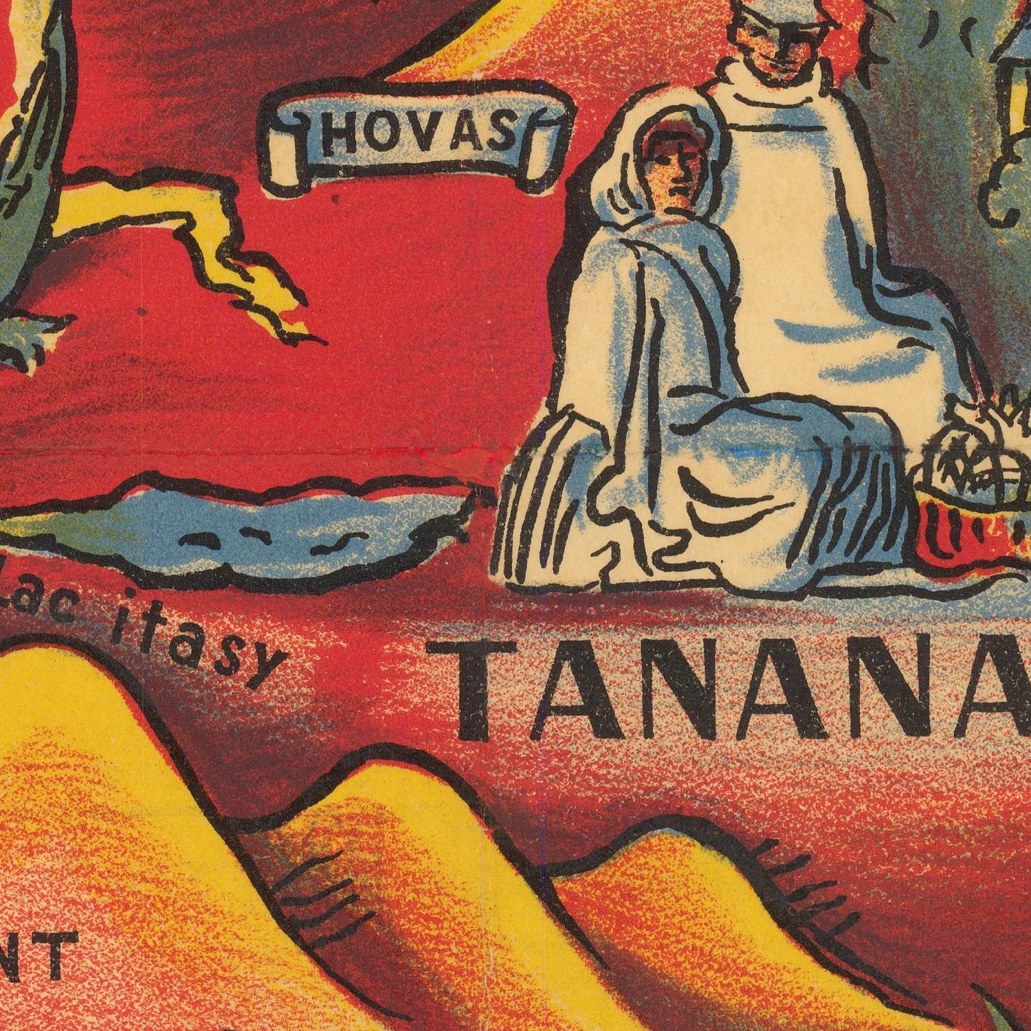 Vintage-style illustration with a woman, child, and text on a colorful background