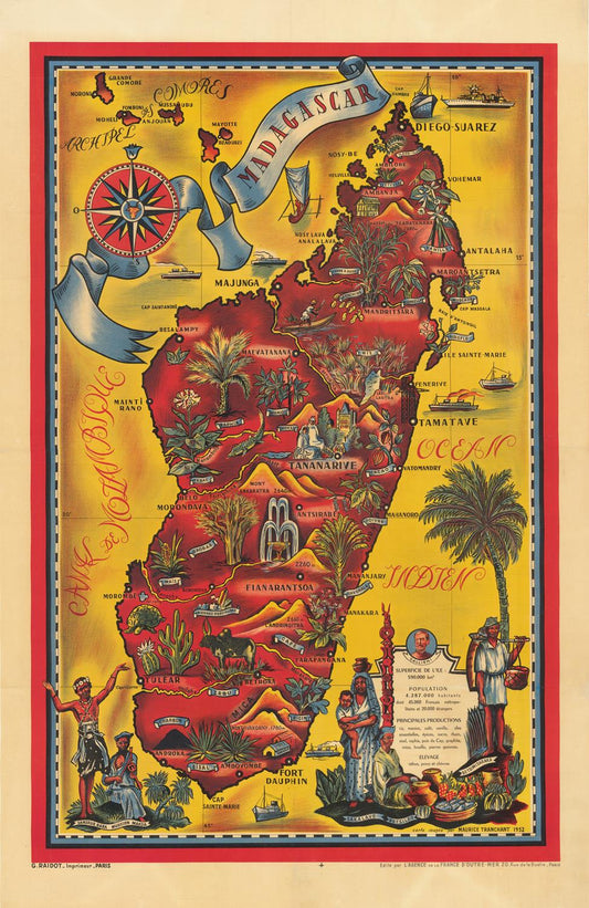 Colorful vintage-style map of Madagascar with illustrations and text on a yellow background