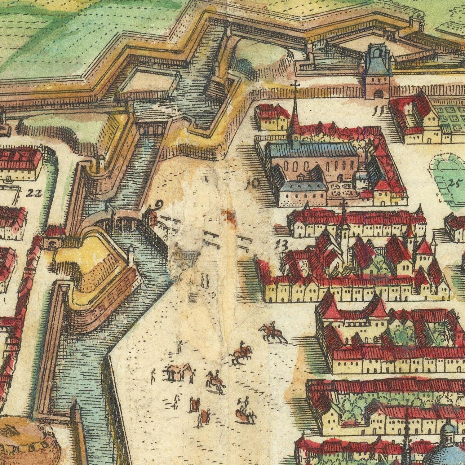 Vintage map of a fortified town with red-roofed buildings and defensive structures.
