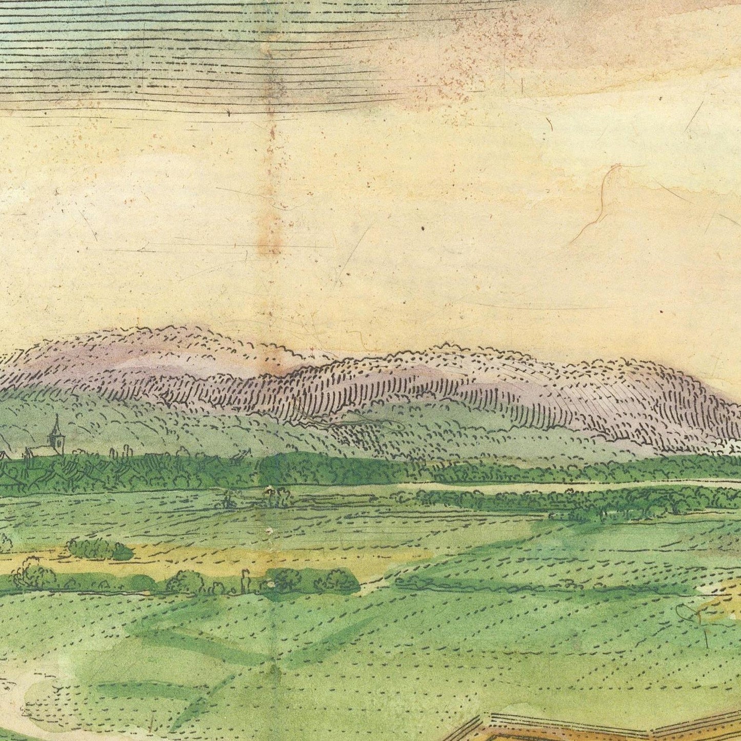 Vintage-style illustration of a landscape with hills and fields.
