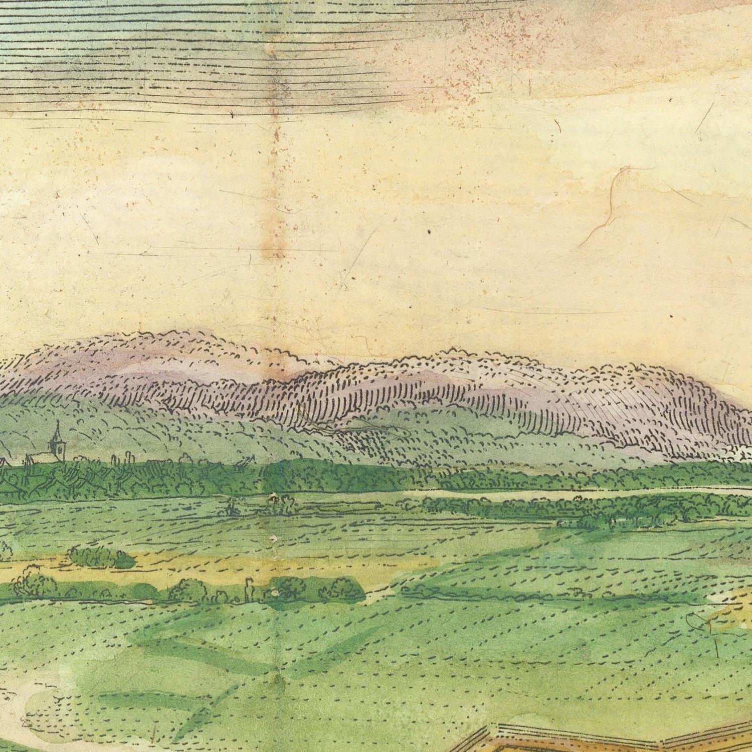 Vintage-style illustration of a landscape with hills and fields.