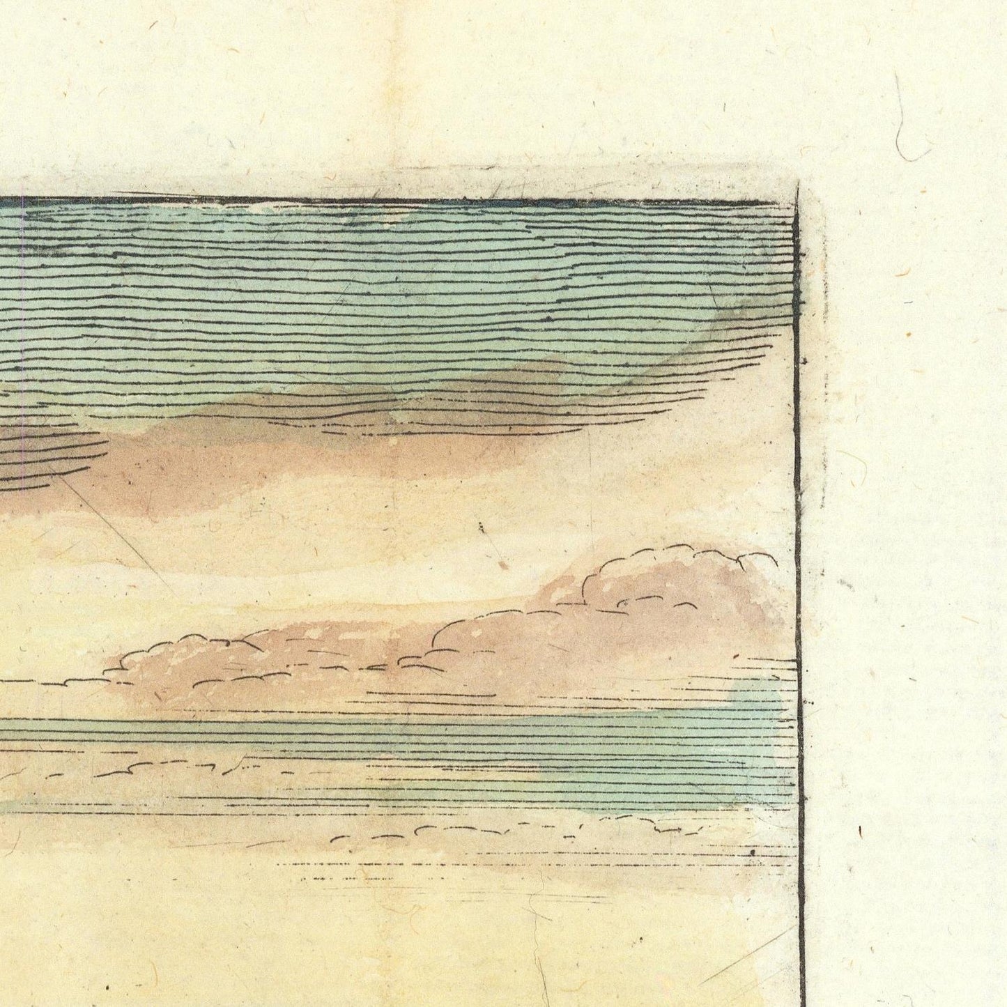 Artistic depiction of a landscape with horizontal lines and a cloud on a textured beige background