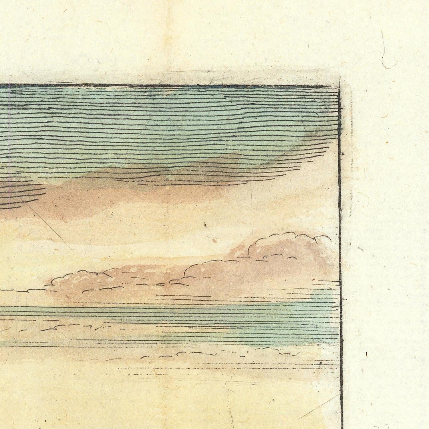 Artistic depiction of a landscape with horizontal lines and a cloud on a textured beige background