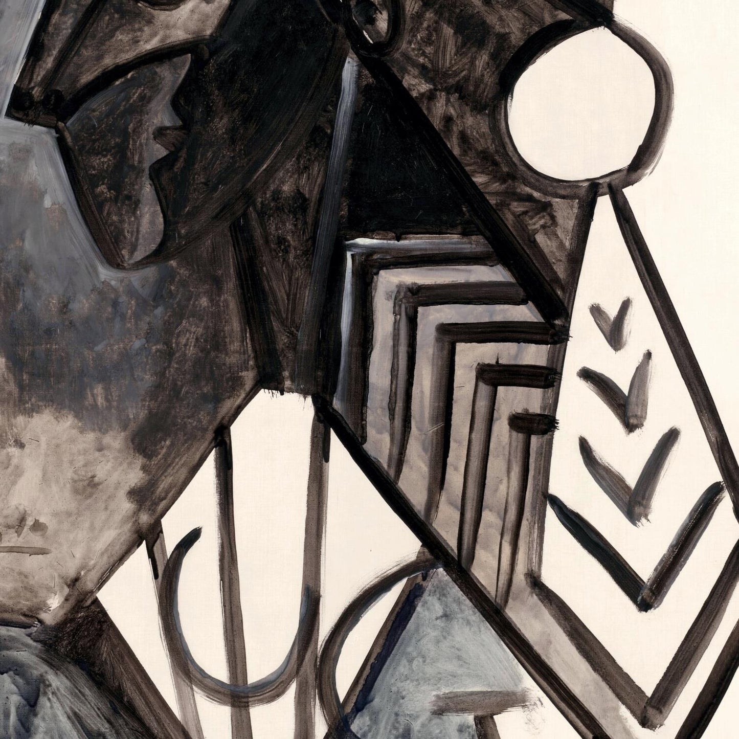 Abstract art piece with geometric shapes and patterns in brown and black on a beige background