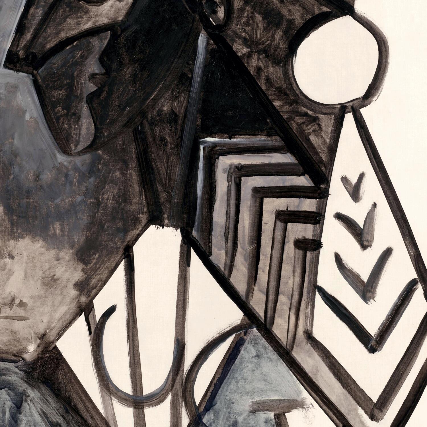 Abstract art piece with geometric shapes and patterns in brown and black on a beige background