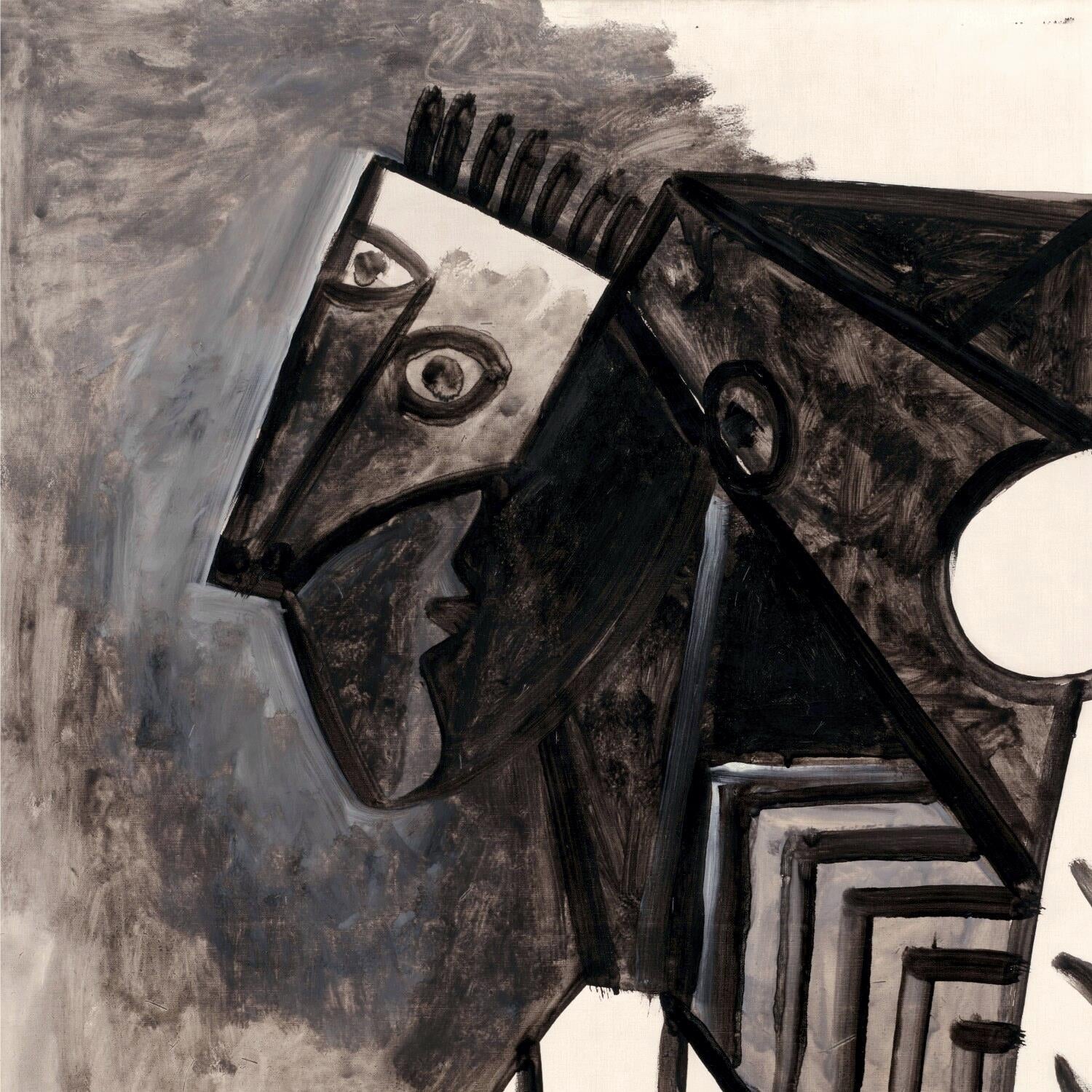 Abstract artwork with geometric shapes and a horse head.