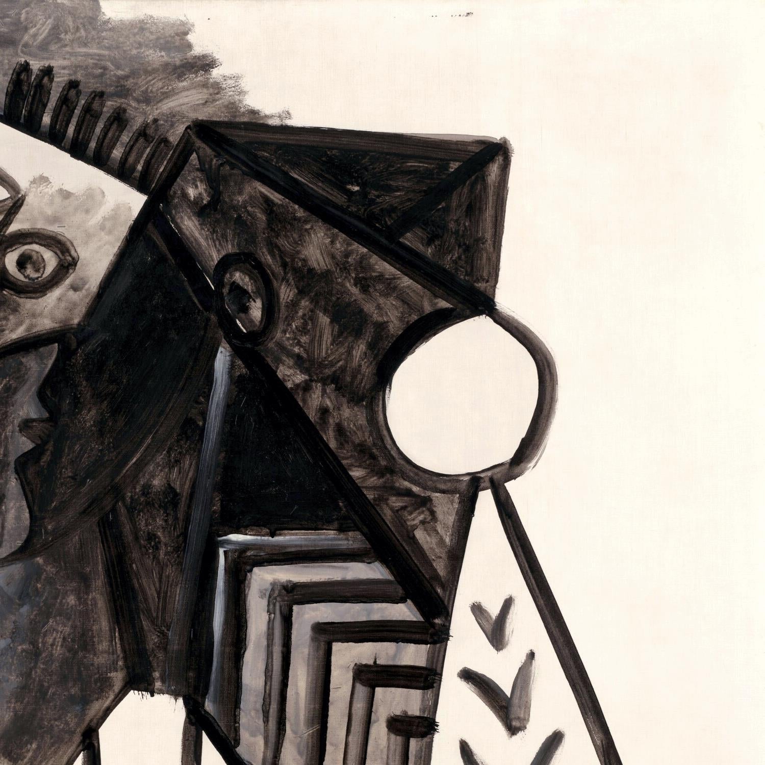 Abstract black and white artwork with geometric shapes and patterns.