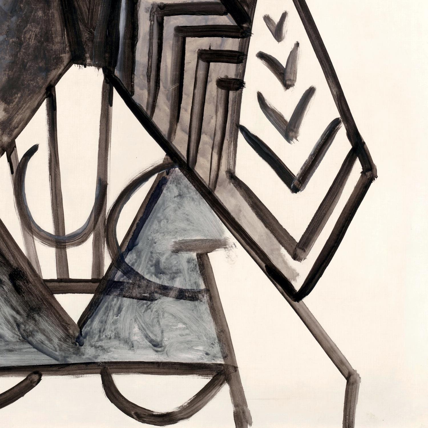 Abstract art with geometric shapes in black and gray on a beige background