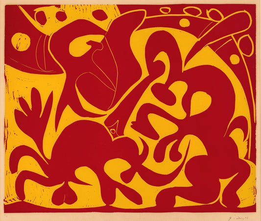 Abstract art piece with red and yellow shapes on a beige background