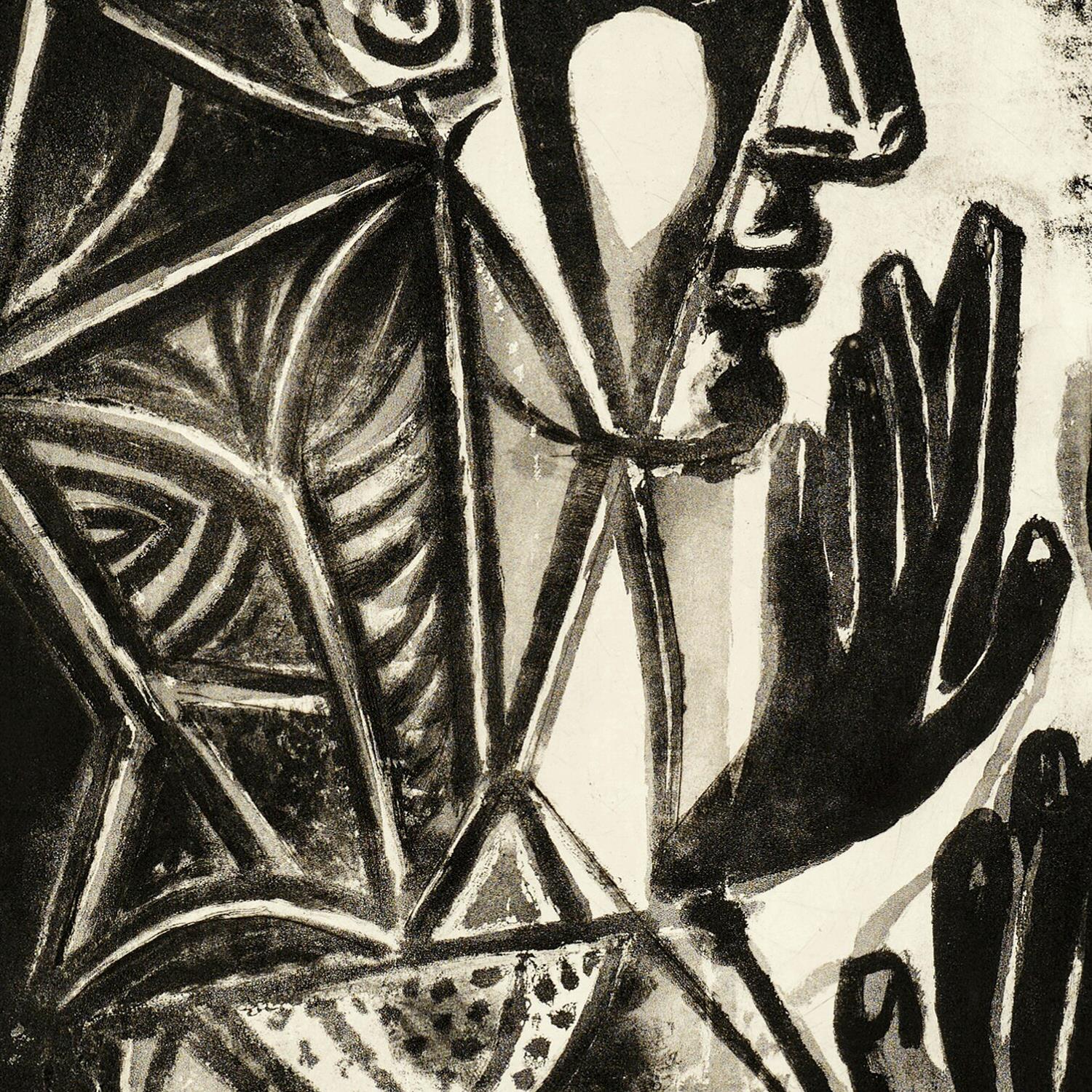 Black and white abstract artwork with geometric shapes and a face-like figure.