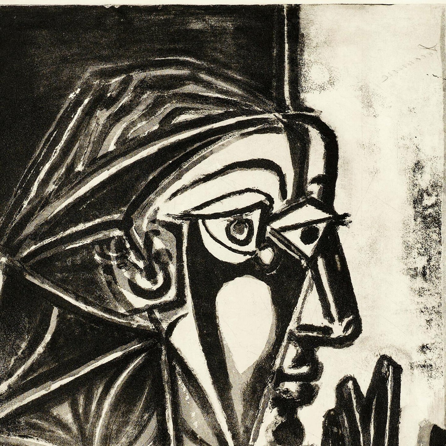 Black and white artwork of a stylized face with a headscarf.
