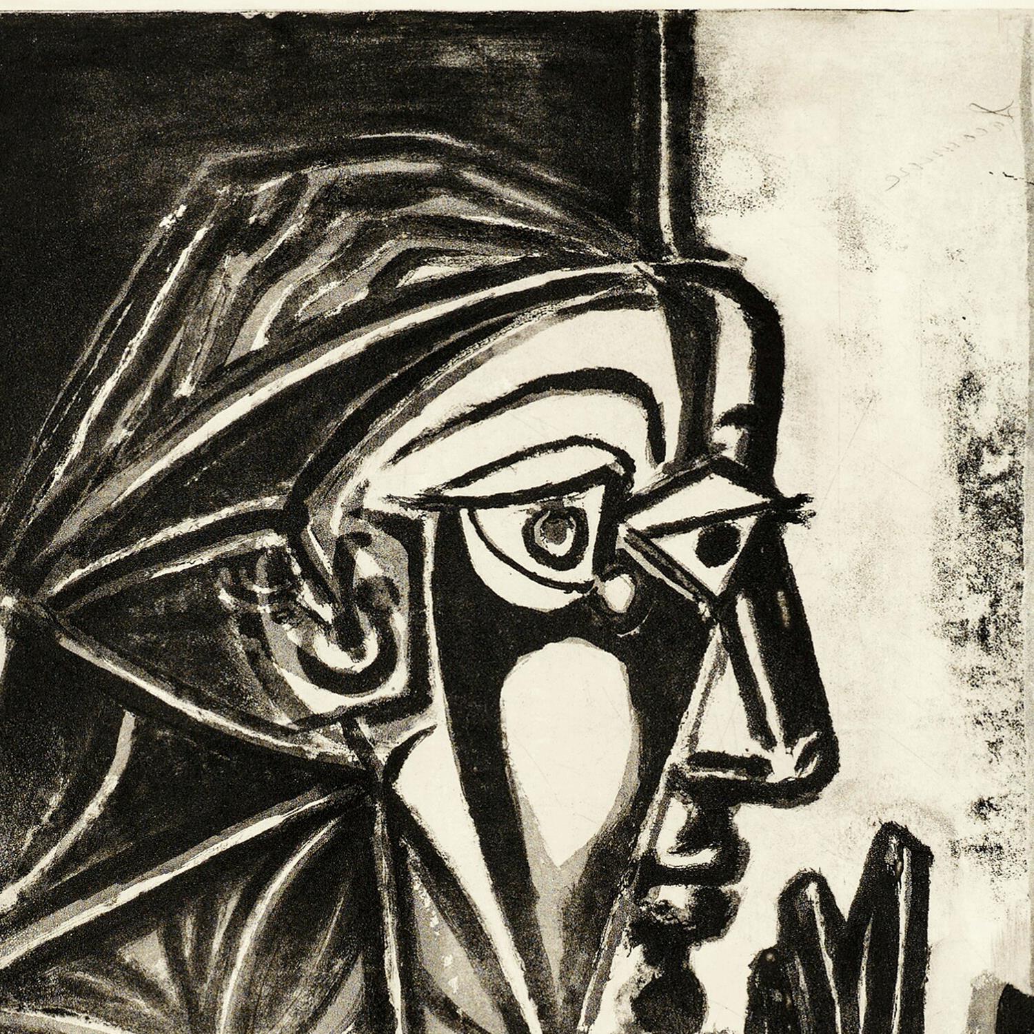 Black and white artwork of a stylized face with a headscarf.