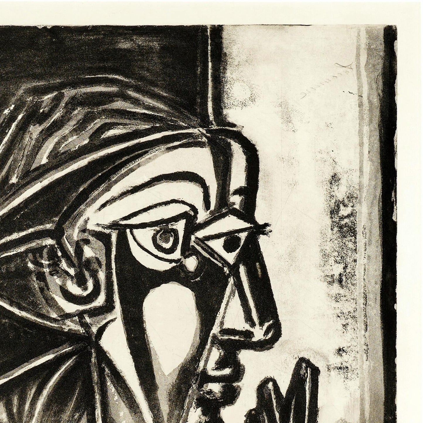 Black and white artwork of a stylized face with abstract features