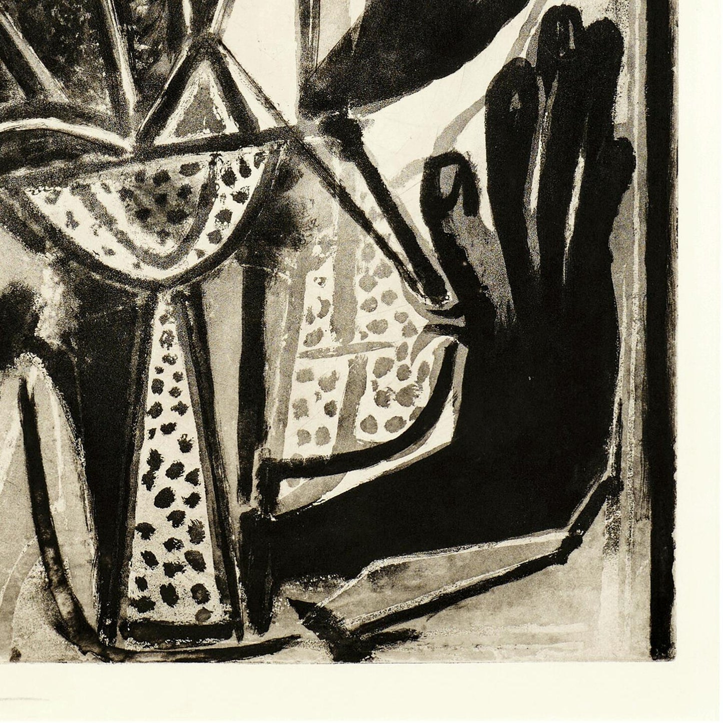 Abstract black and white artwork with geometric shapes and a hand-like figure.