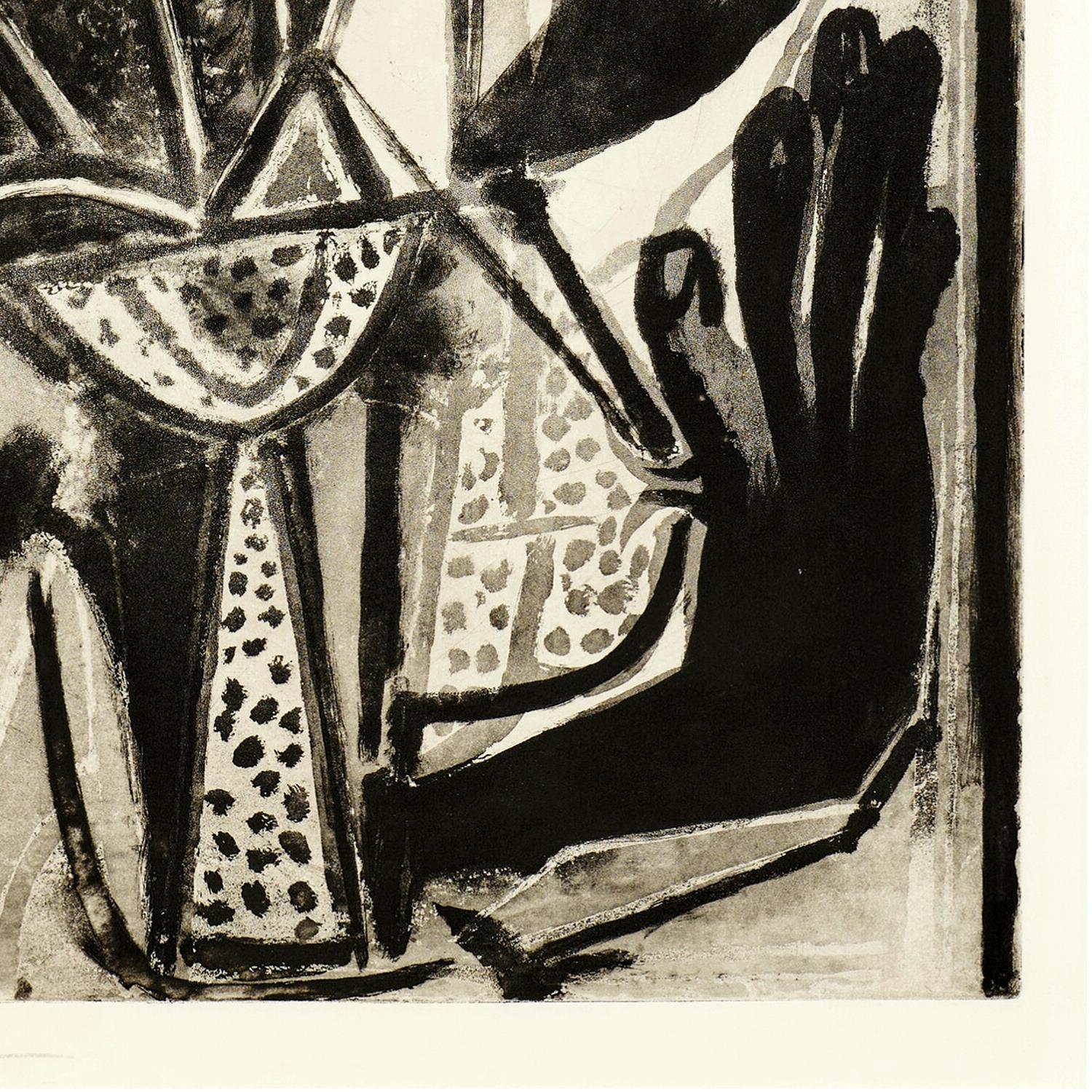 Abstract black and white artwork with geometric shapes and a hand-like figure.