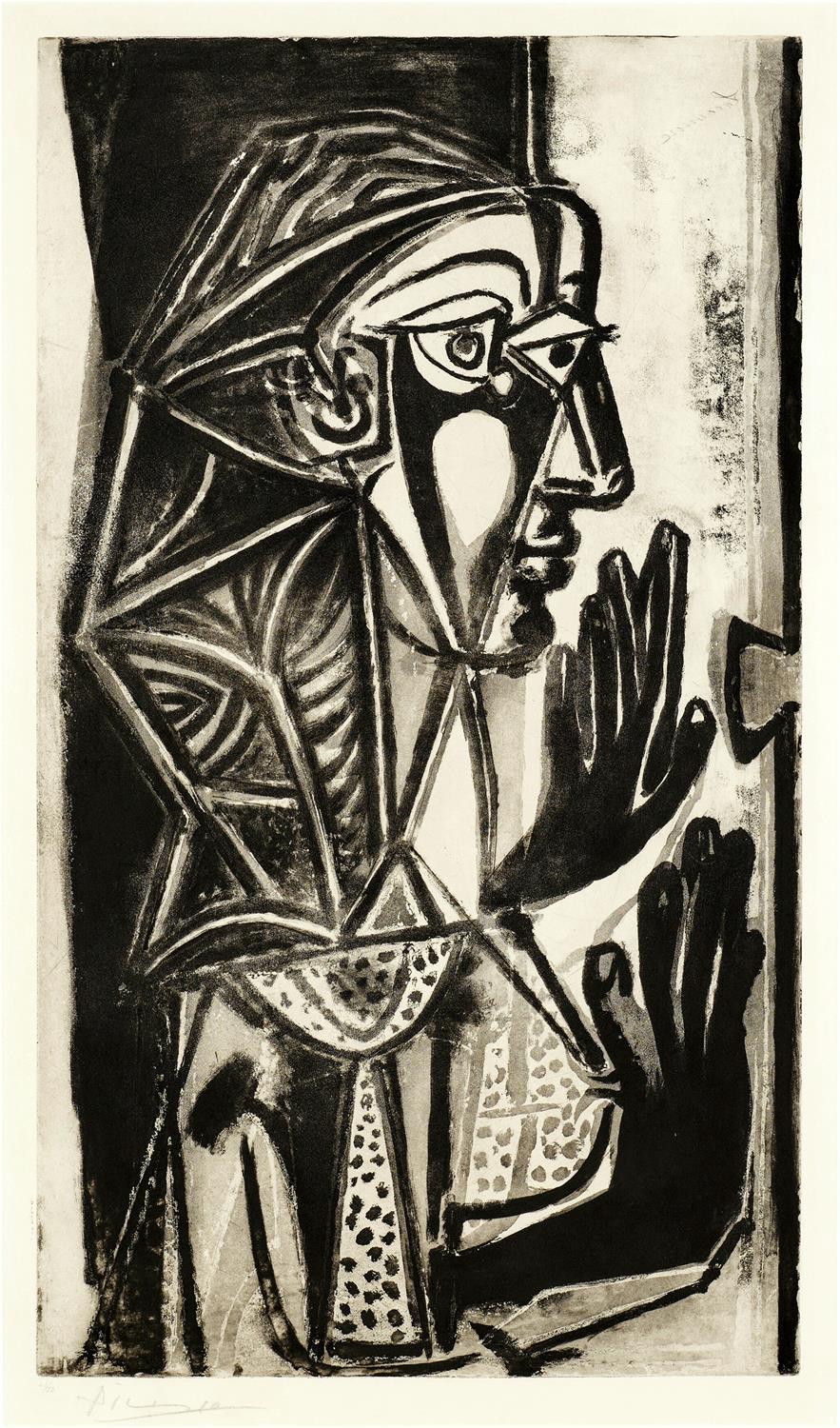Black and white artwork of a stylized face with geometric patterns