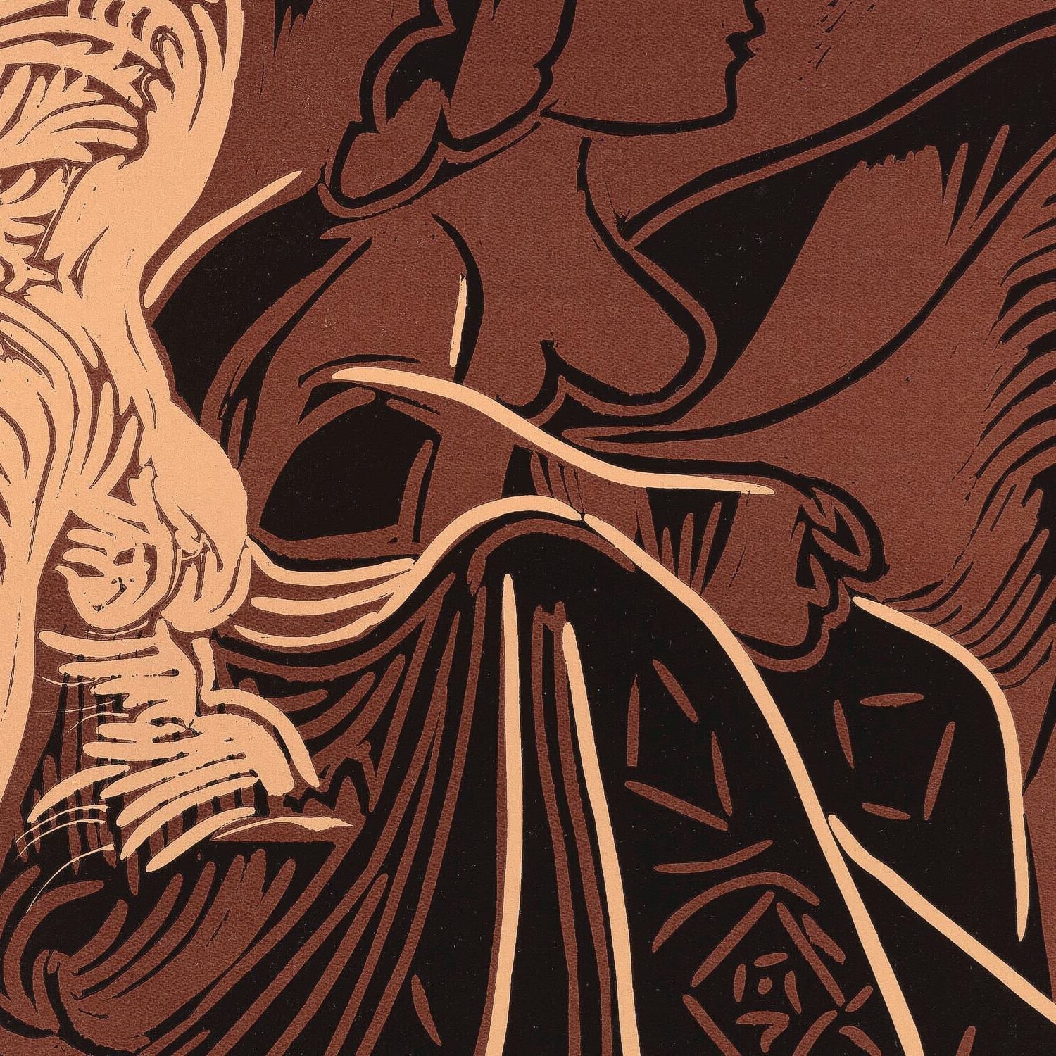 Artistic depiction of a person with a flowing garment and abstract elements in brown tones.