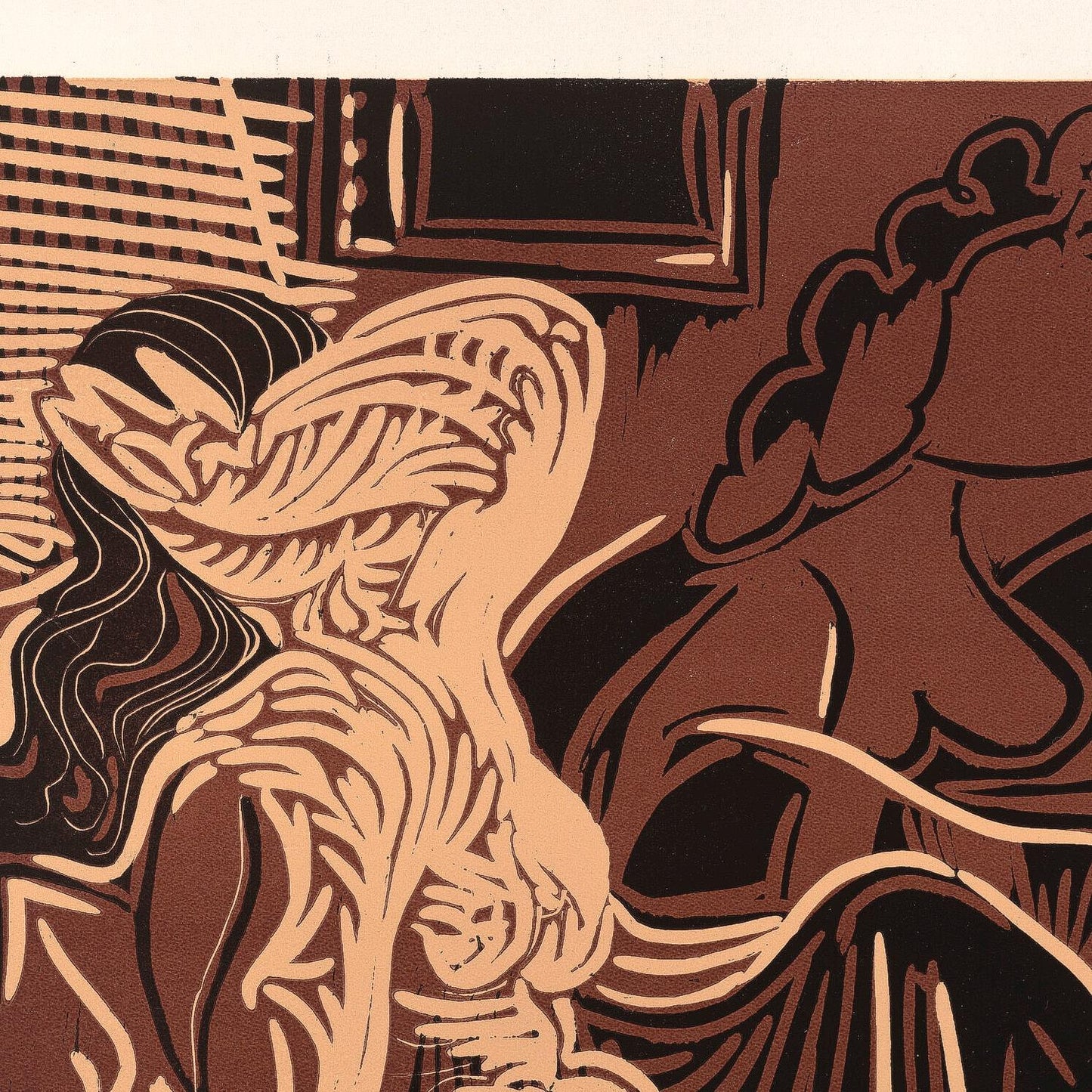 Artistic depiction of a woman with a large hat in a room setting.