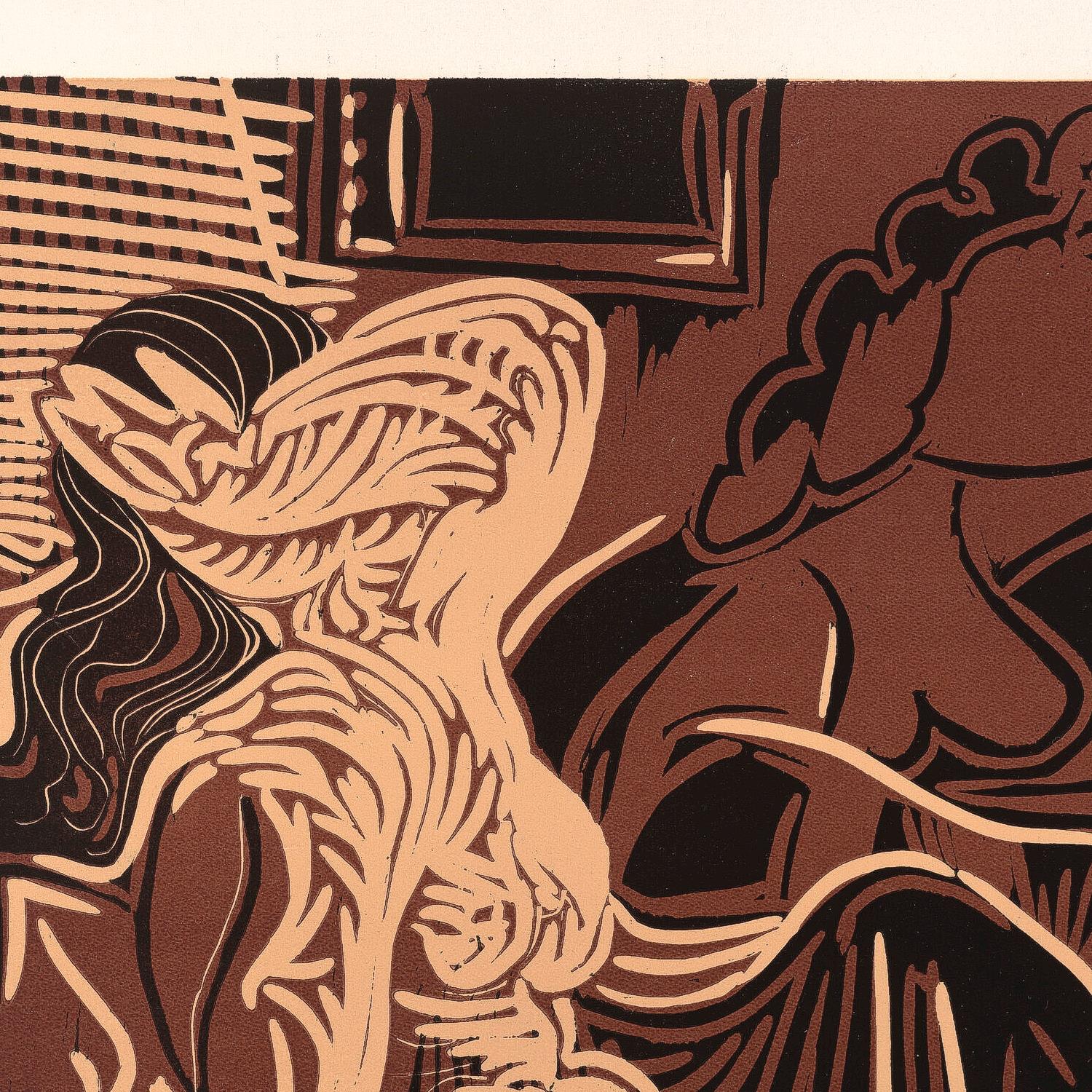 Artistic depiction of a woman with a large hat in a room setting.