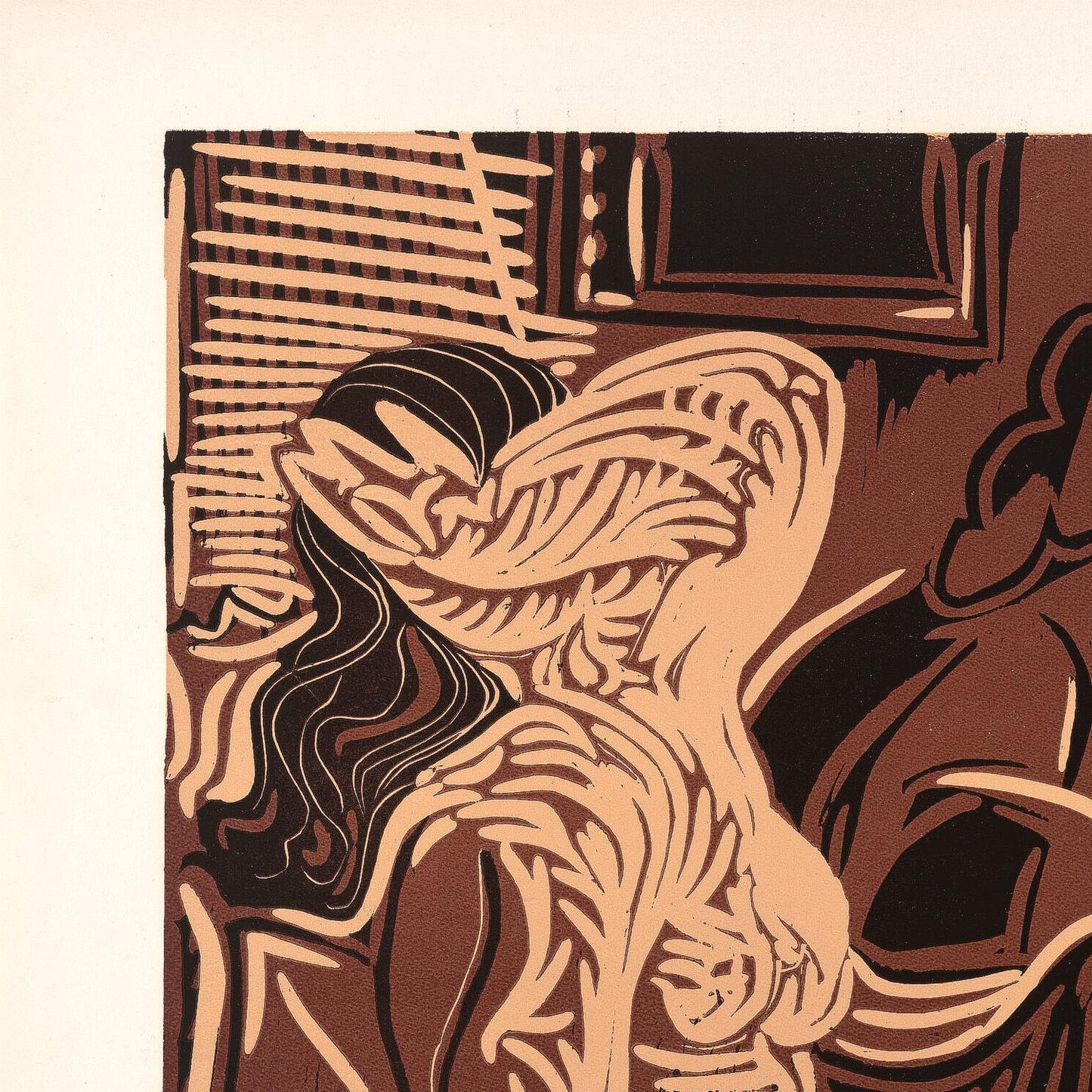 Abstract art piece with wavy lines and patterns on a beige background