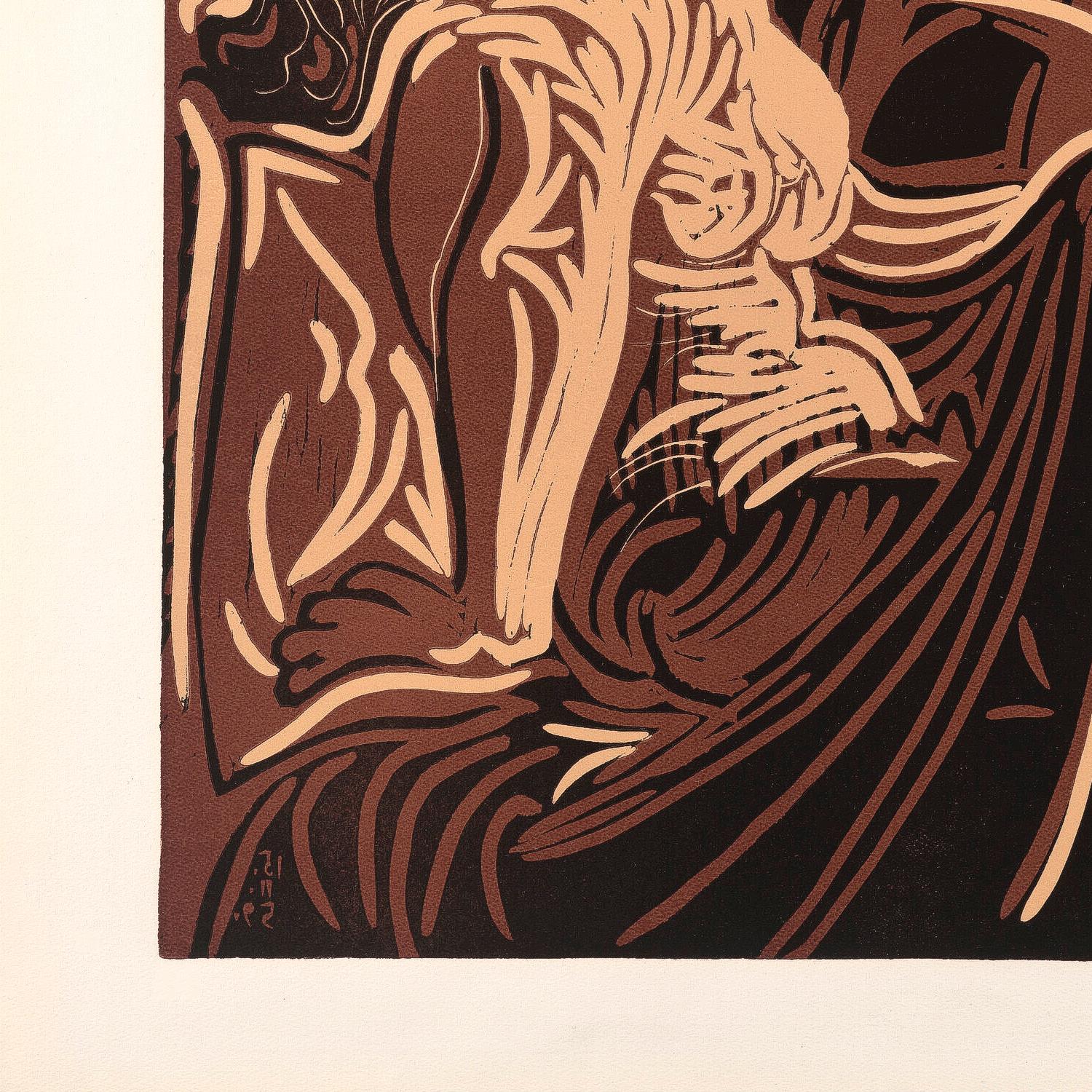 Artistic depiction of a figure with flowing hair and draped garment in brown and beige tones.
