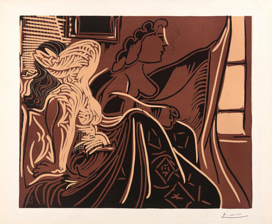 Artistic depiction of two women in a room with a mirror.