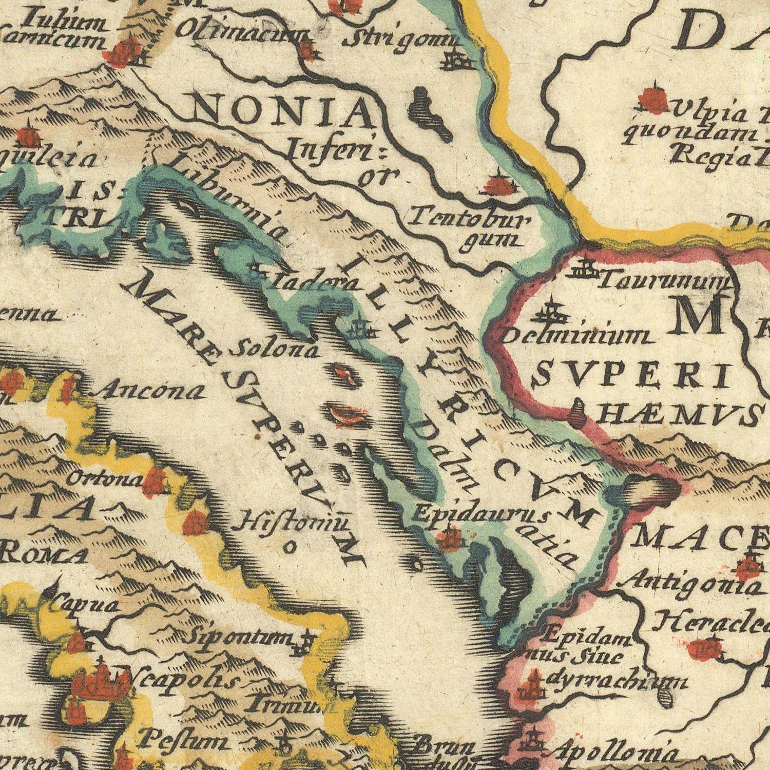 Vintage map section with geographical names and colors