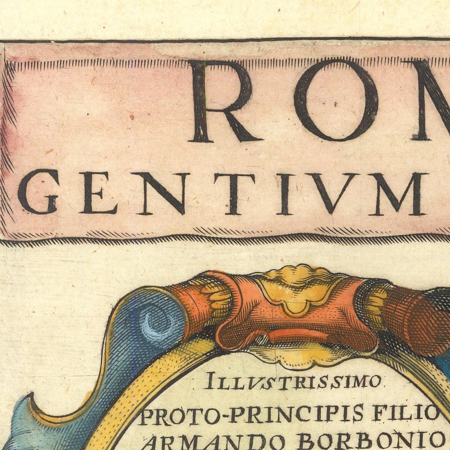 Decorative text with 'ROM GENTIVM' and ornate design elements on a light background