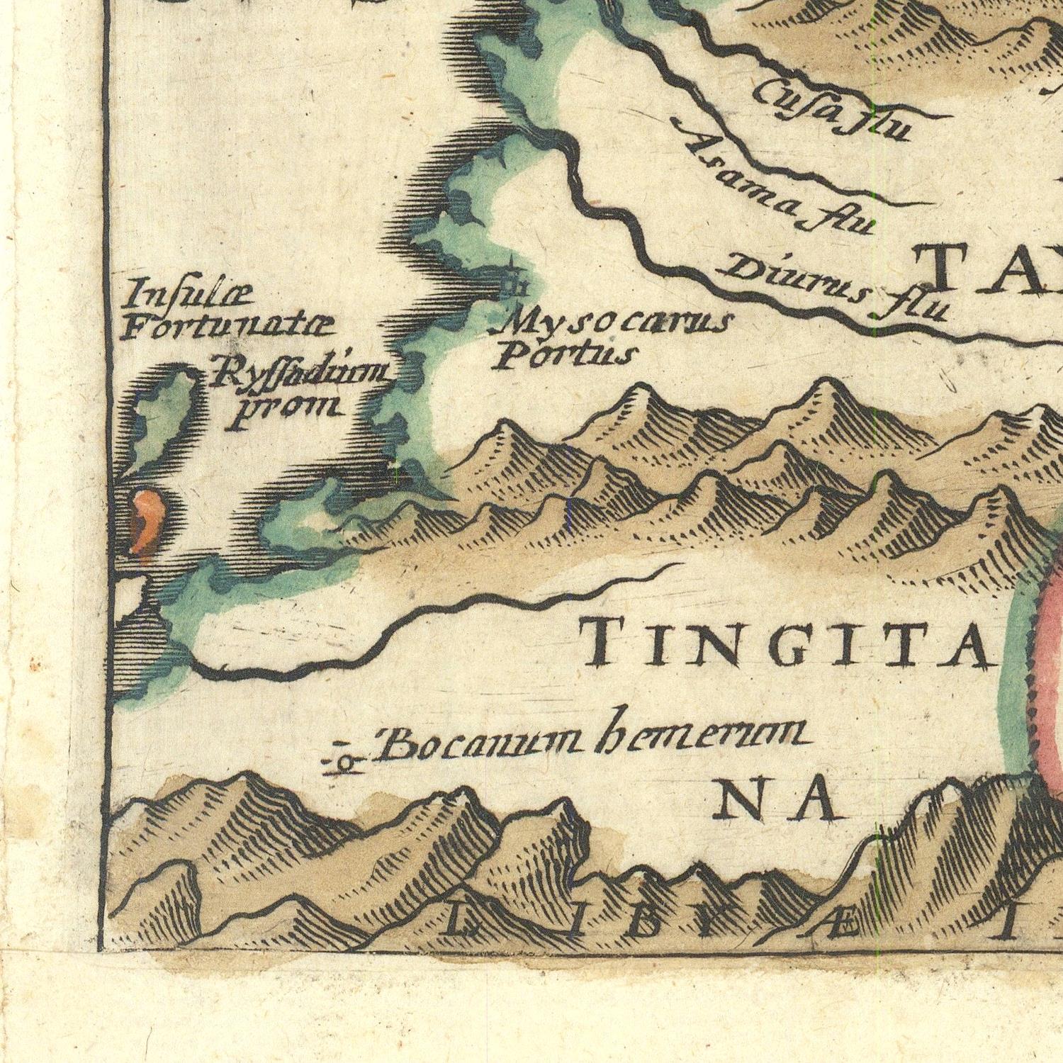 Vintage map detail of a mountainous region labeled 'Tingita' with text and coloration.