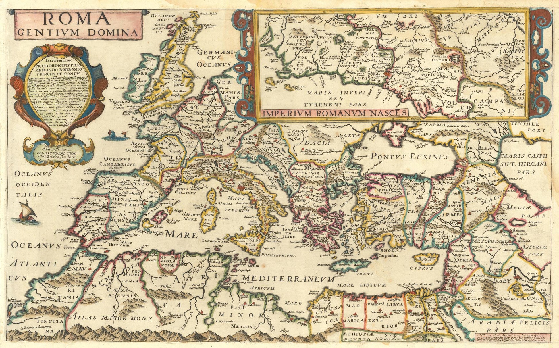 Vintage map of ancient Rome and surrounding regions with detailed labels.